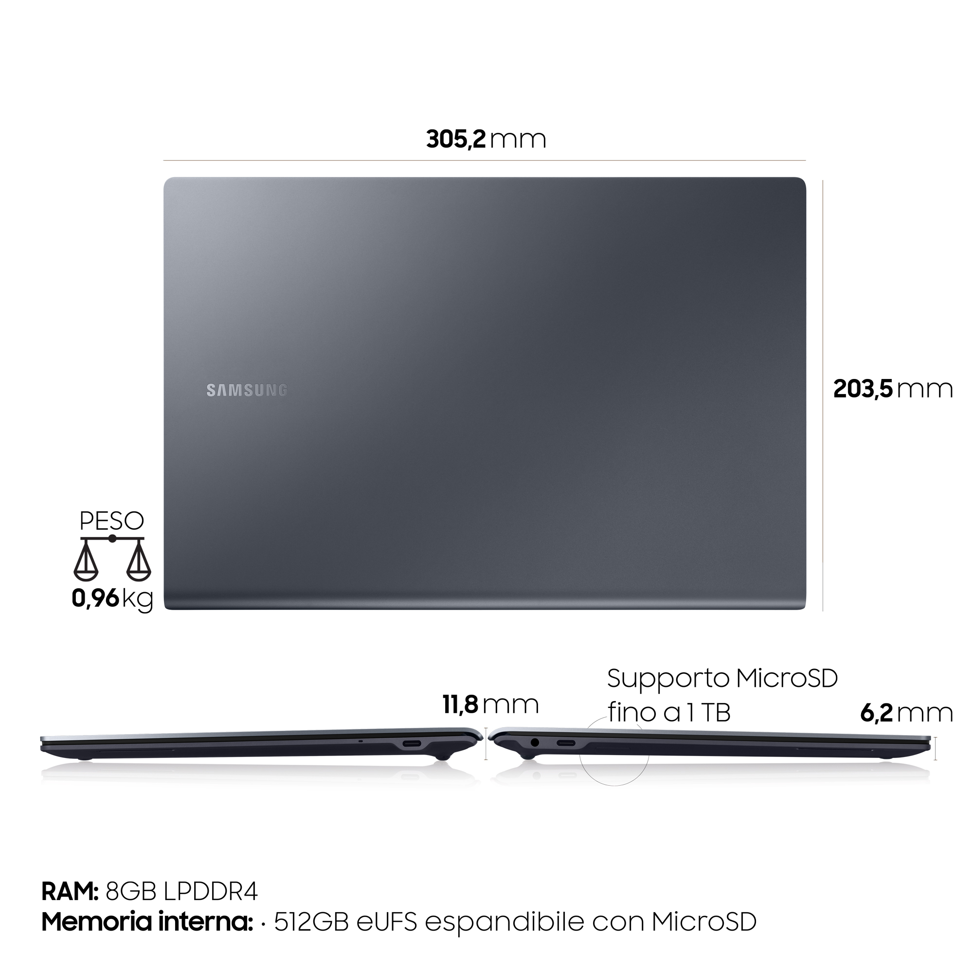 Laptop Samsung grigio scuro, chiuso, vista dall'alto, con dettagli in italiano.