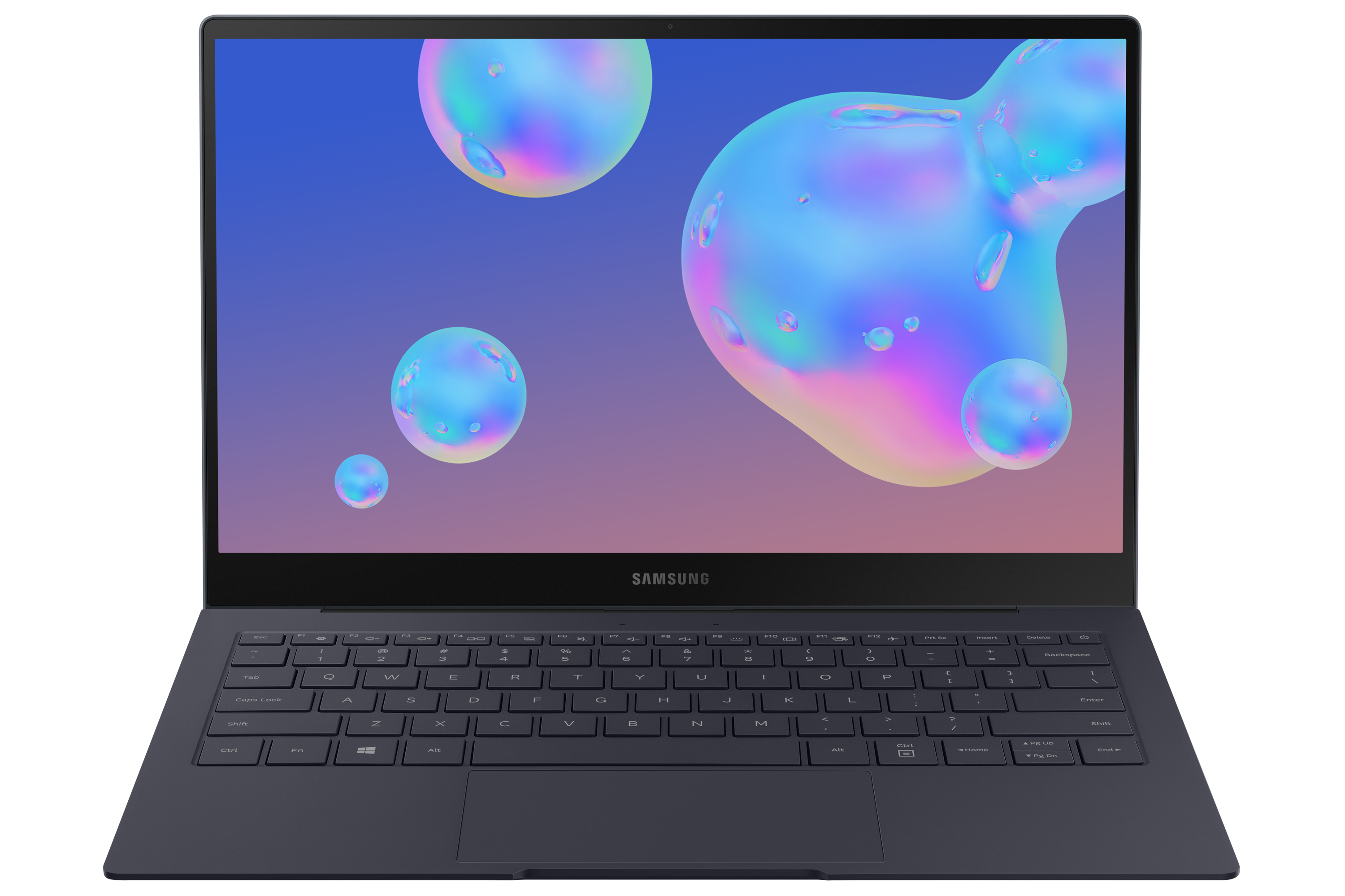Laptop Samsung blu navy aperto. Schermo mostra design astratto. Sfondo bianco.