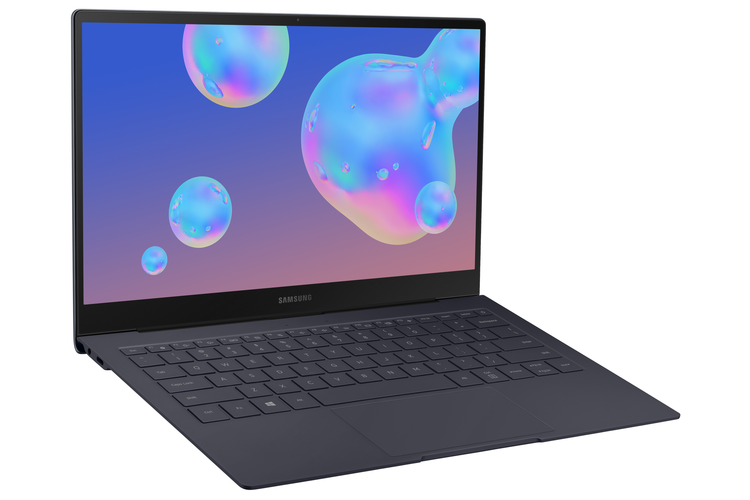 Laptop Samsung blu su sfondo bianco, lo schermo mostra bolle.
