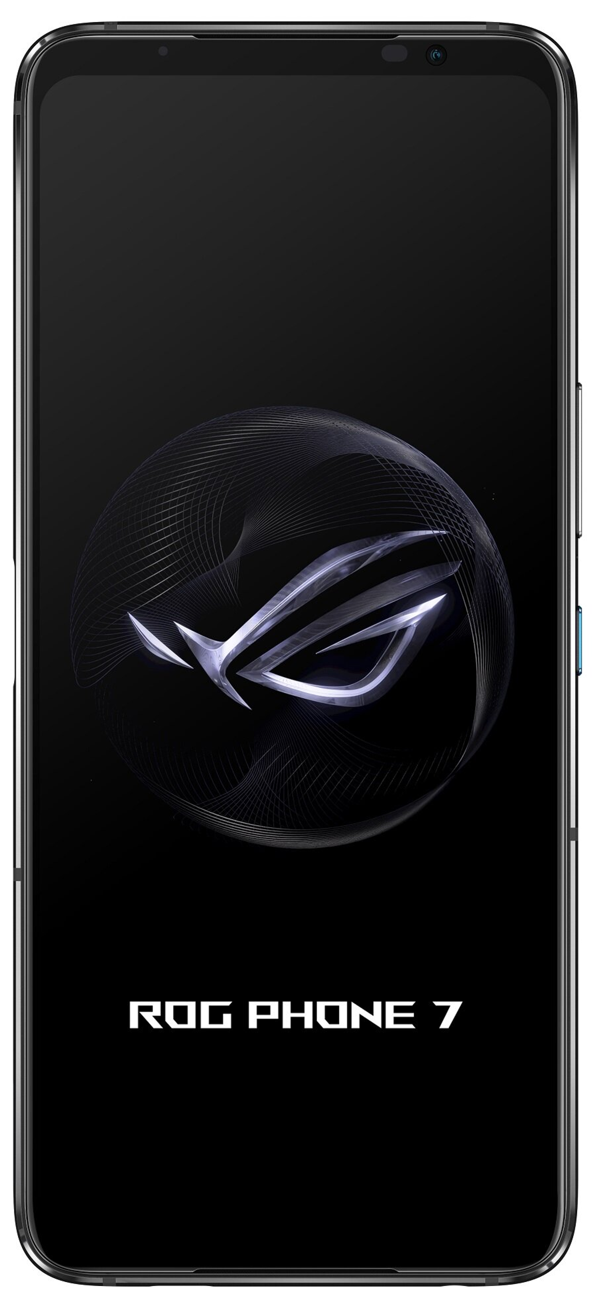 Schwarzes ROG Phone 7 mit ROG-Logo auf dem Bildschirm. Der Bildschirm ist schwarz mit weißen und blauen Grafiken.
