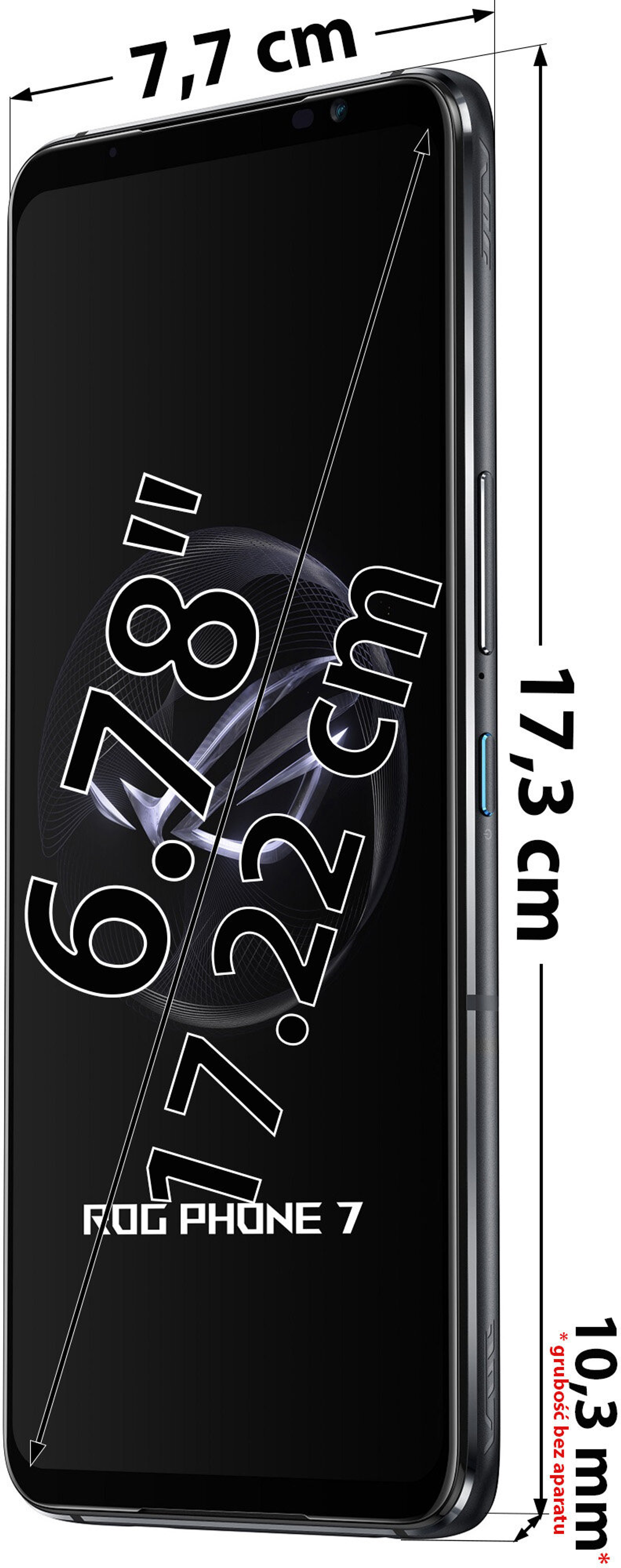 Schwarzes Smartphone ROG Phone 7 mit Abmessungen an der Seite.