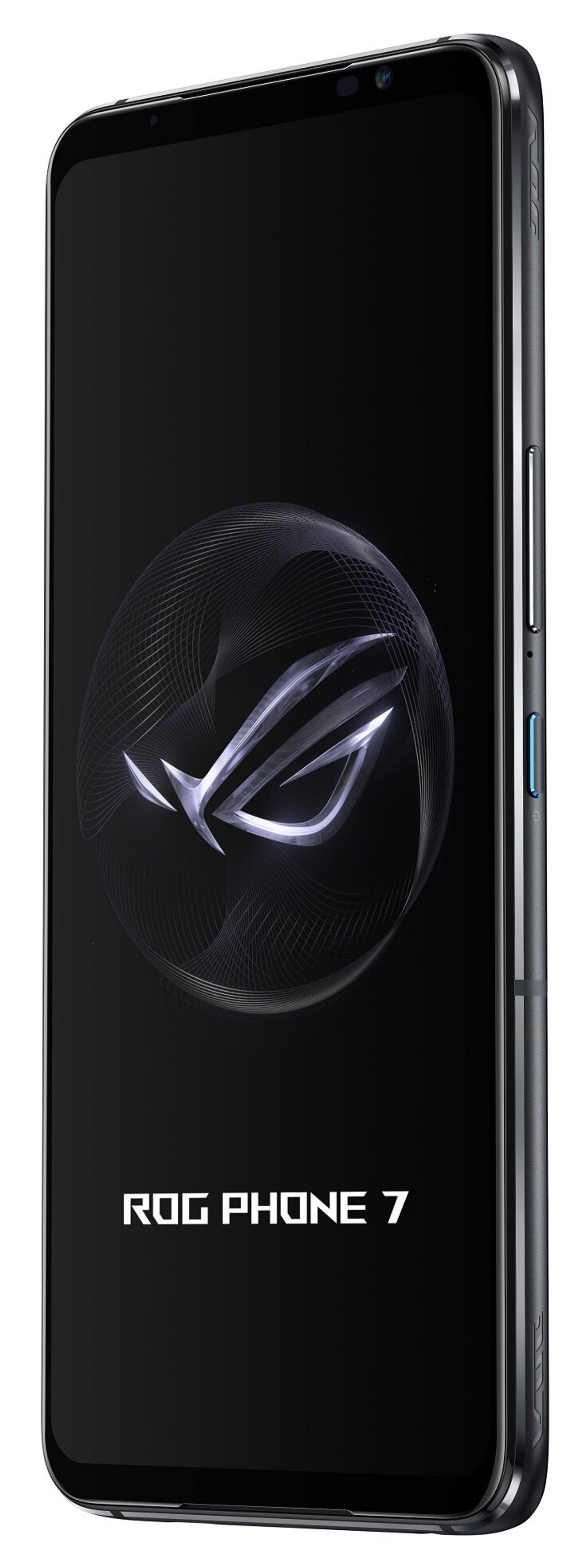 Schwarzes Smartphone mit ROG Phone 7 auf dem Bildschirm. Die Seite des Telefons hat blaue Knöpfe.