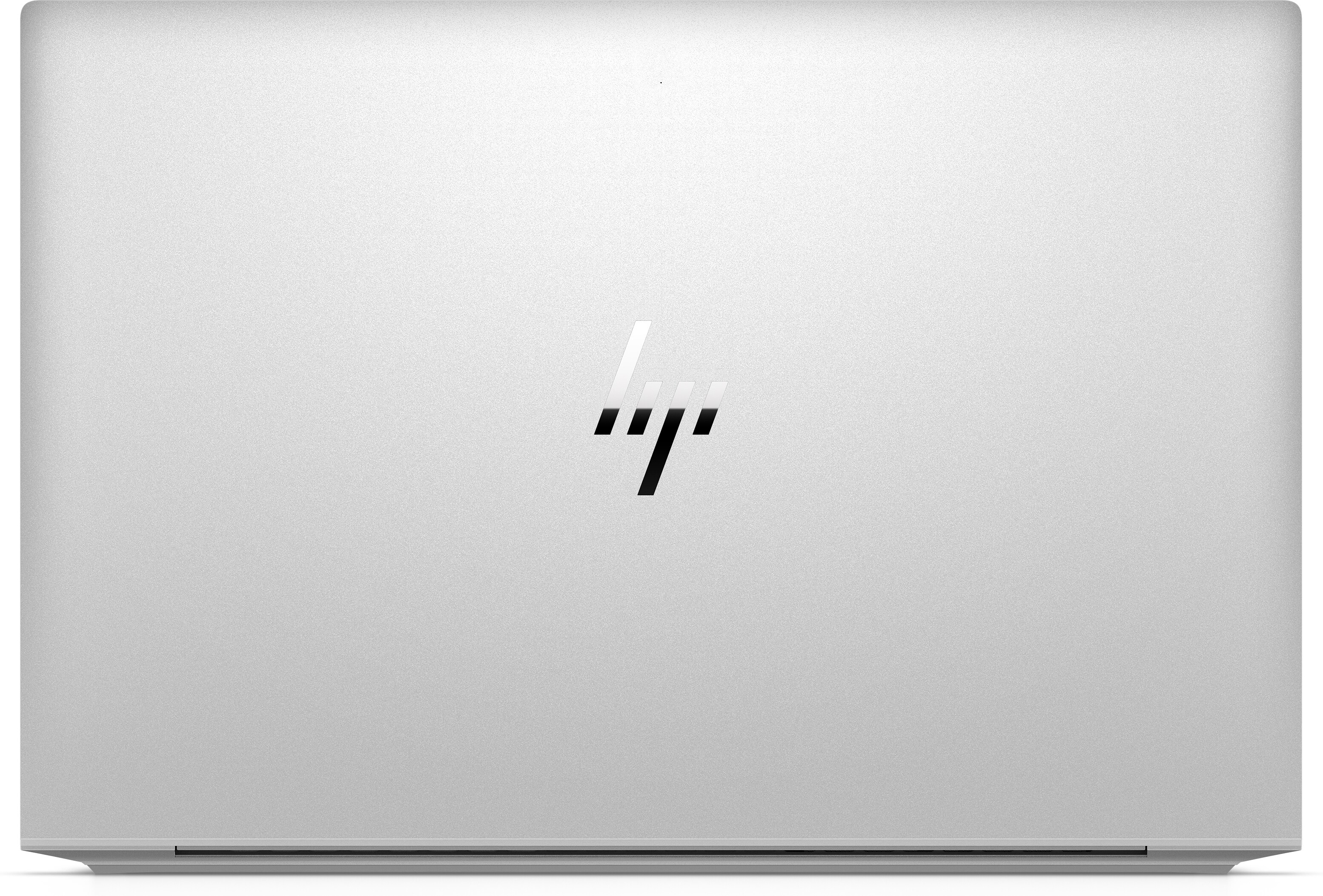 Zilveren laptop met HP-logo op deksel, op witte achtergrond.