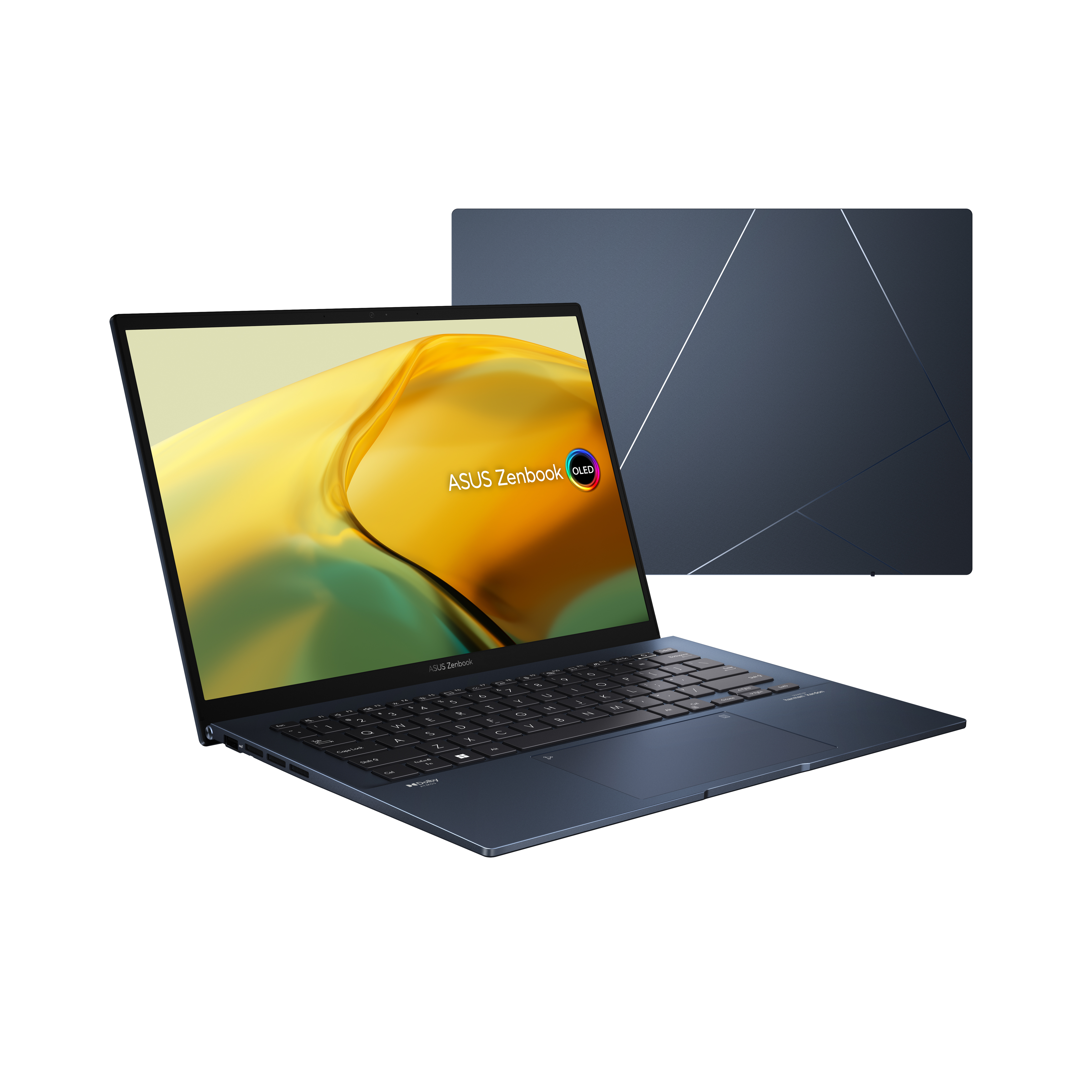 Niebieski laptop Asus Zenbook, otwarty. Ekran pokazuje żółtą i zieloną sztukę abstrakcyjną.