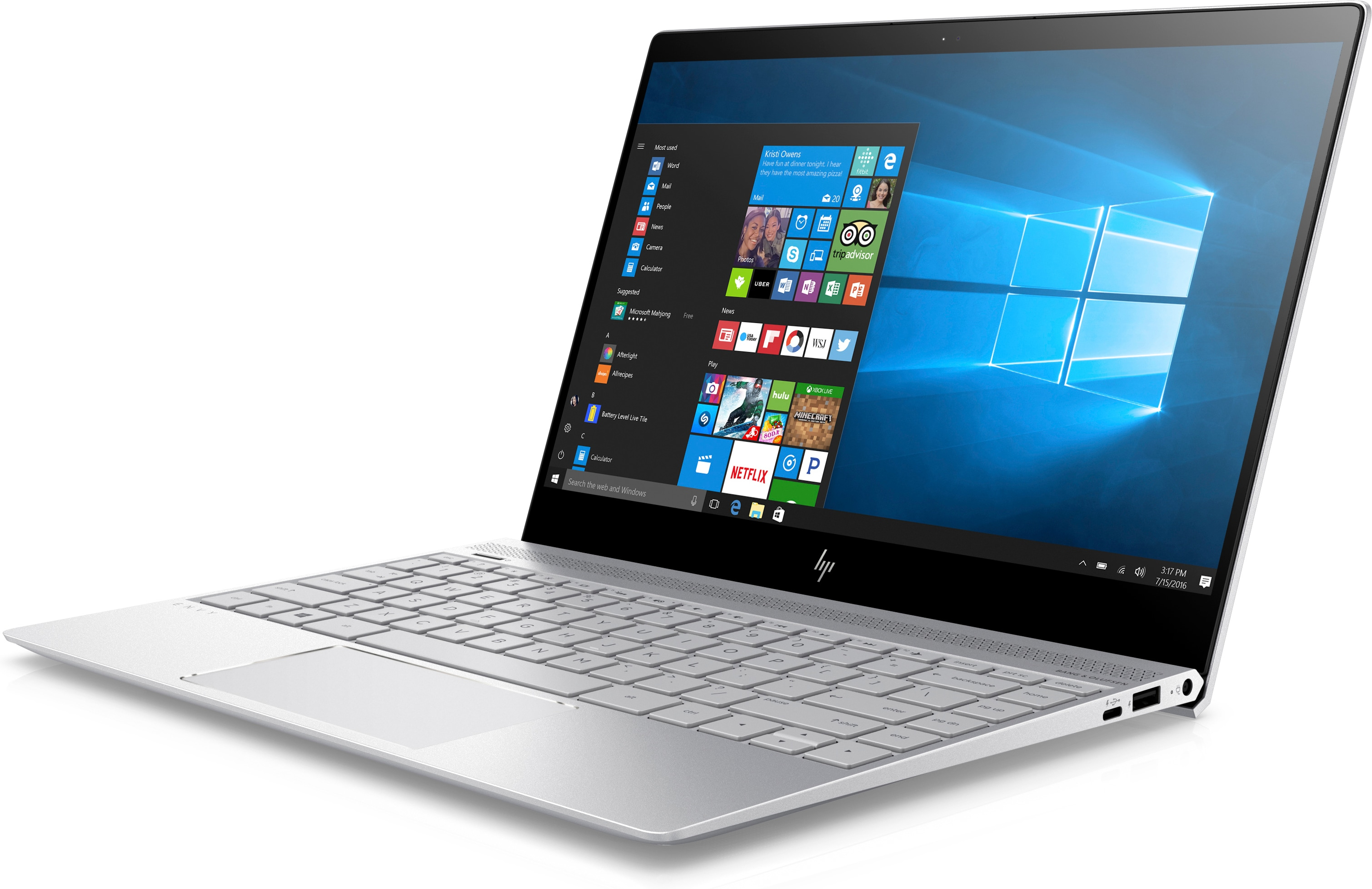 Laptop HP argentato aperto, mostra schermo con interfaccia Windows. Sfondo bianco.