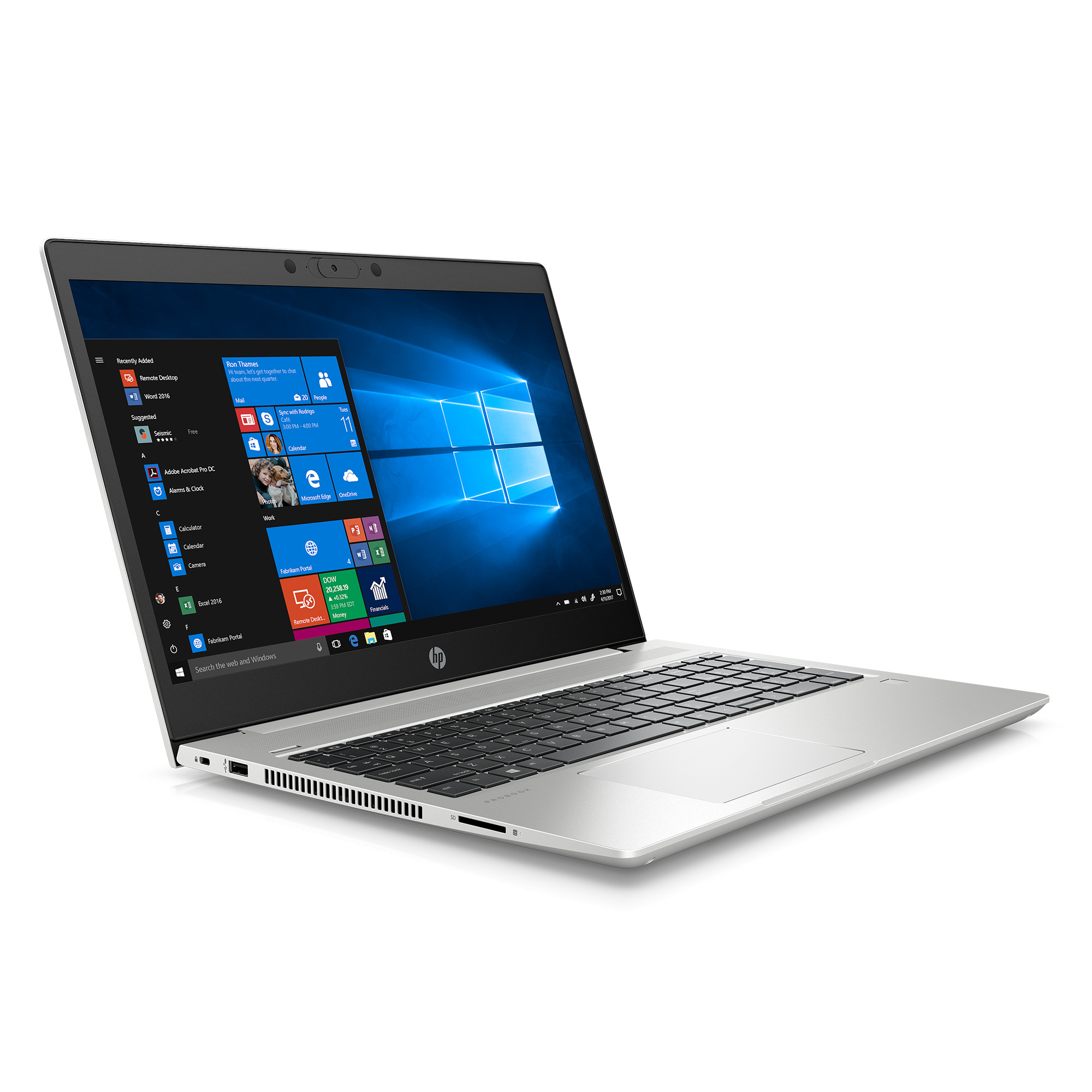 Laptop HP argento aperto, mostra interfaccia Windows con diverse finestre aperte.