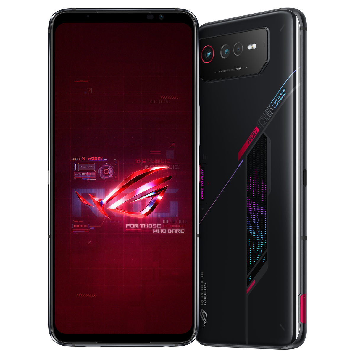 Smartphone noir avec design rouge à l'arrière et logo rouge.