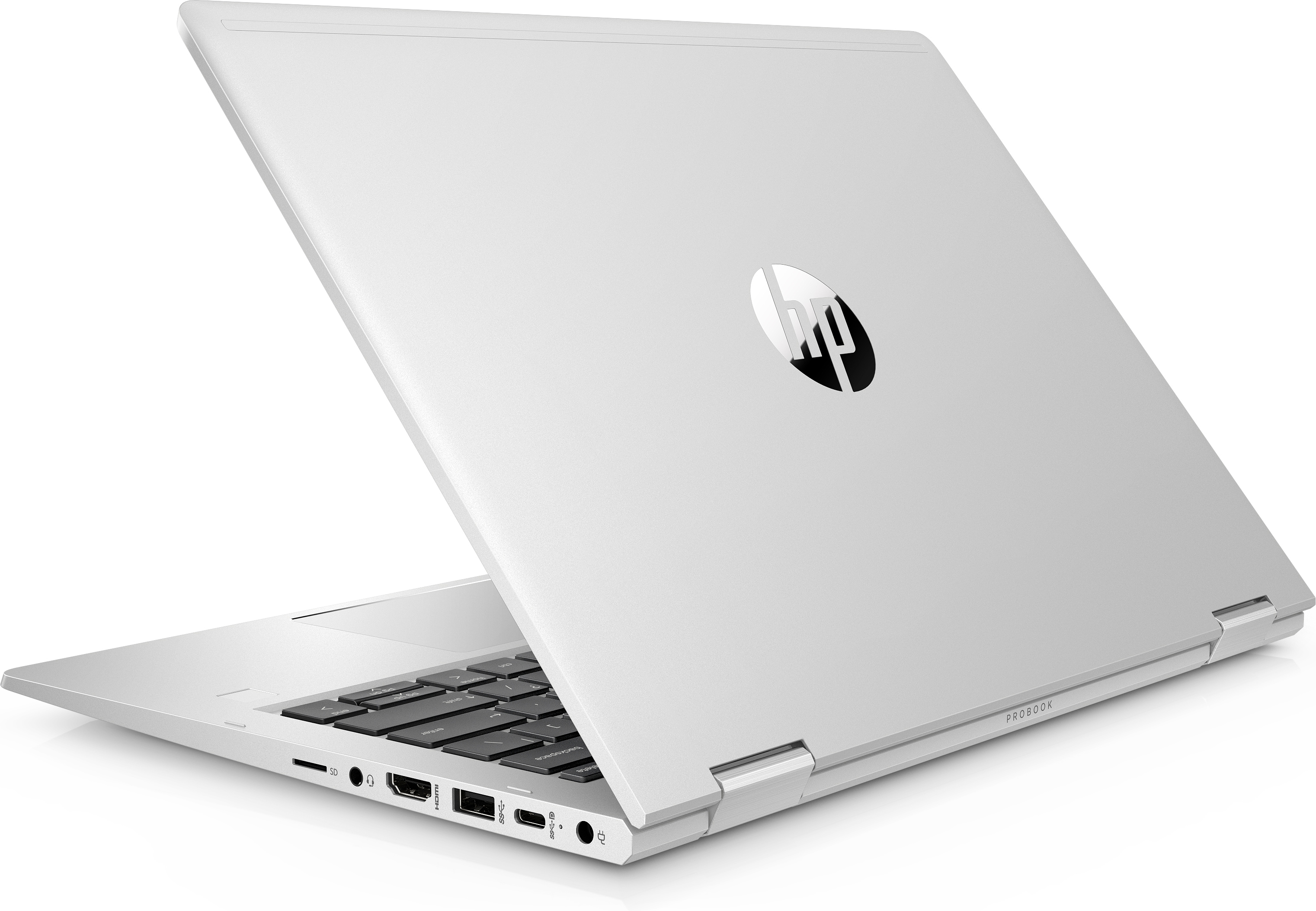 Laptop aperto, vista angolata, che mostra tastiera e schermo. Finitura argentata con HP ProBook. Sfondo bianco.