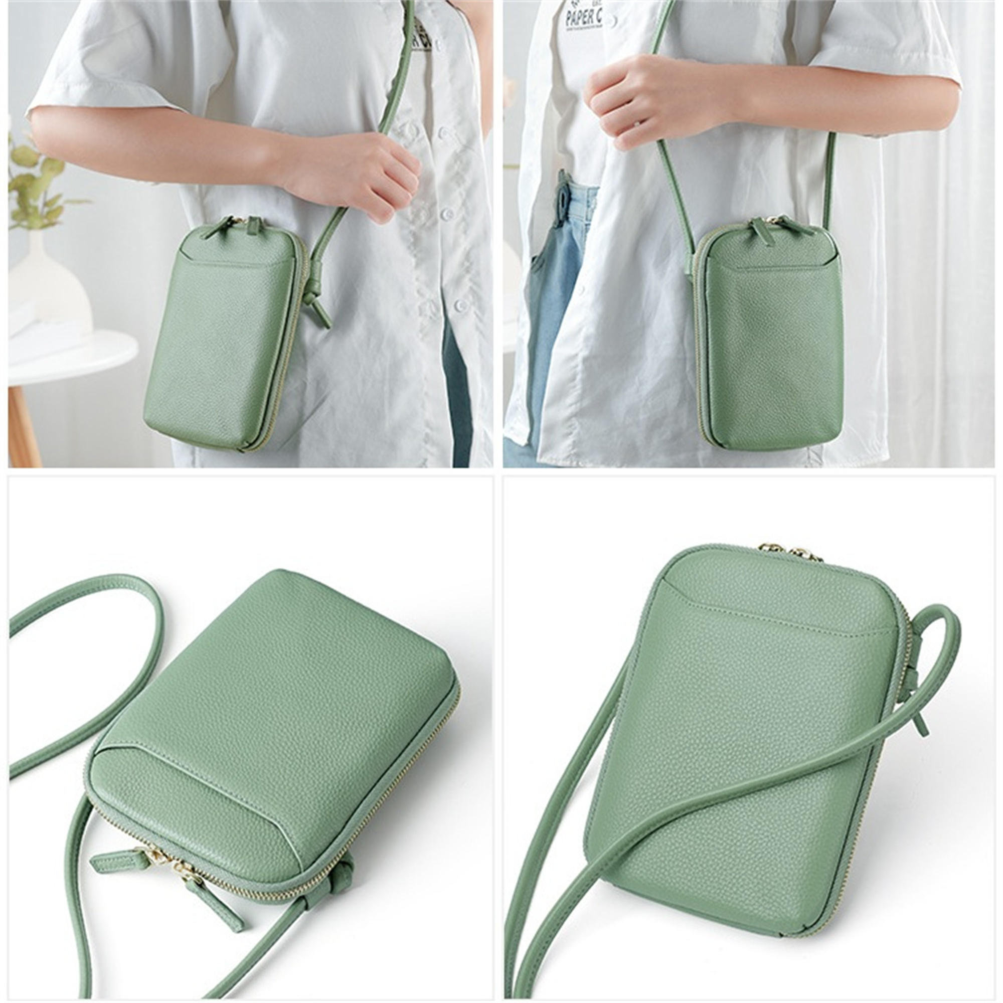 Vier Bilder einer kleinen grünen Umhängetasche. Die Tasche hat einen Reißverschluss und einen langen Riemen.