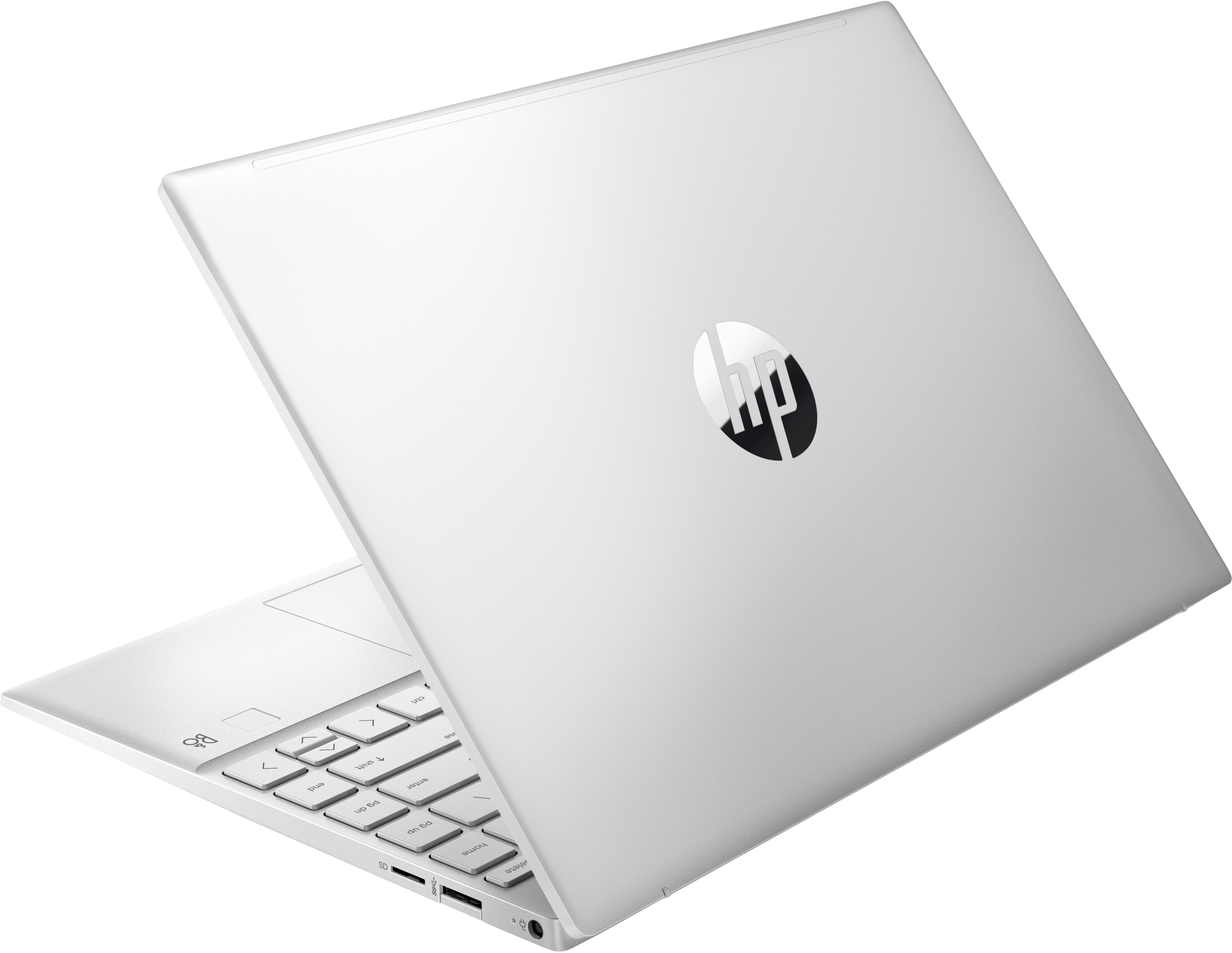 Laptop HP argentato, chiuso. Logo HP visibile sul retro. Angolato lateralmente e leggermente verso l'alto.