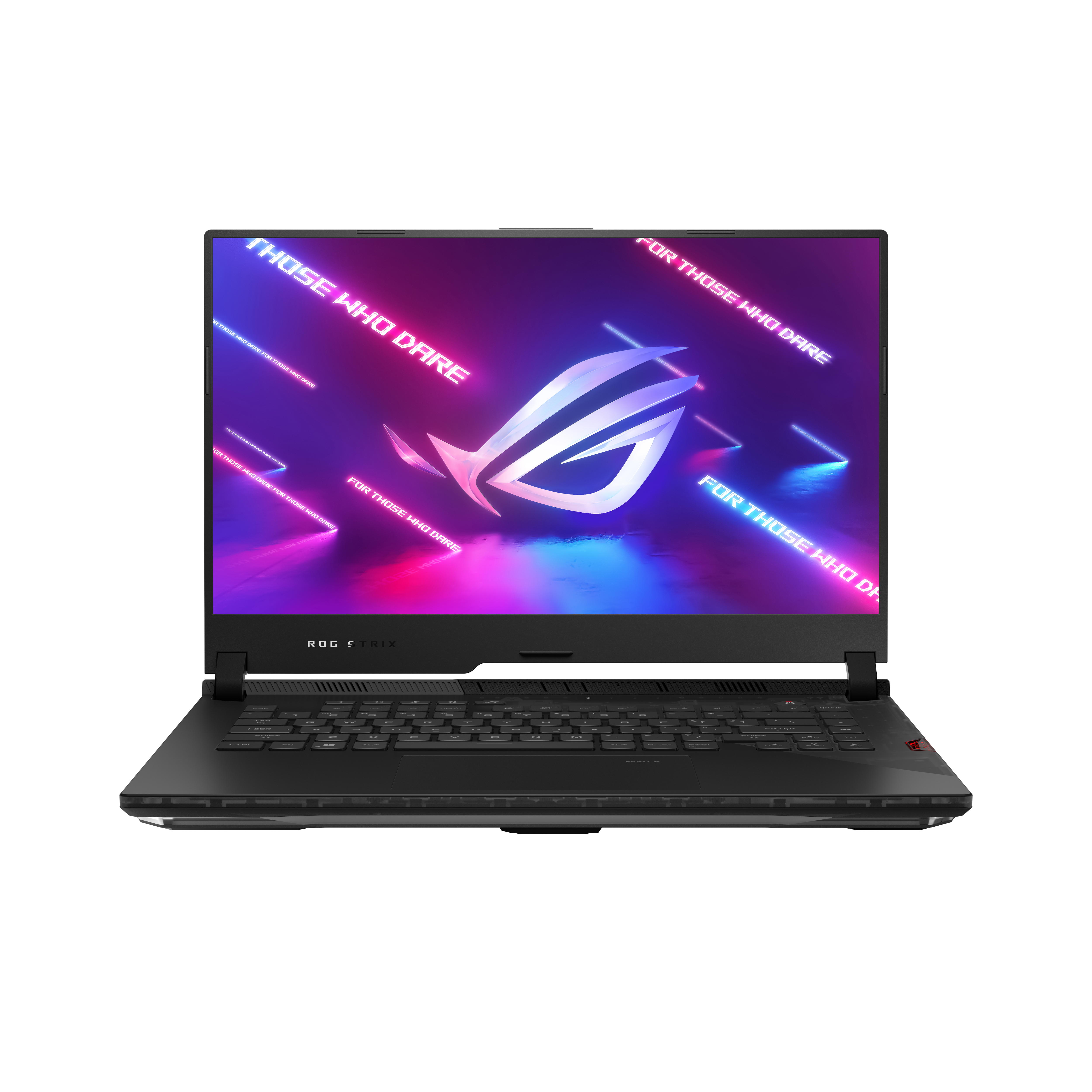 Laptop nero, aperto, logo ROG, schermo mostra testo, tastiera a fuoco.