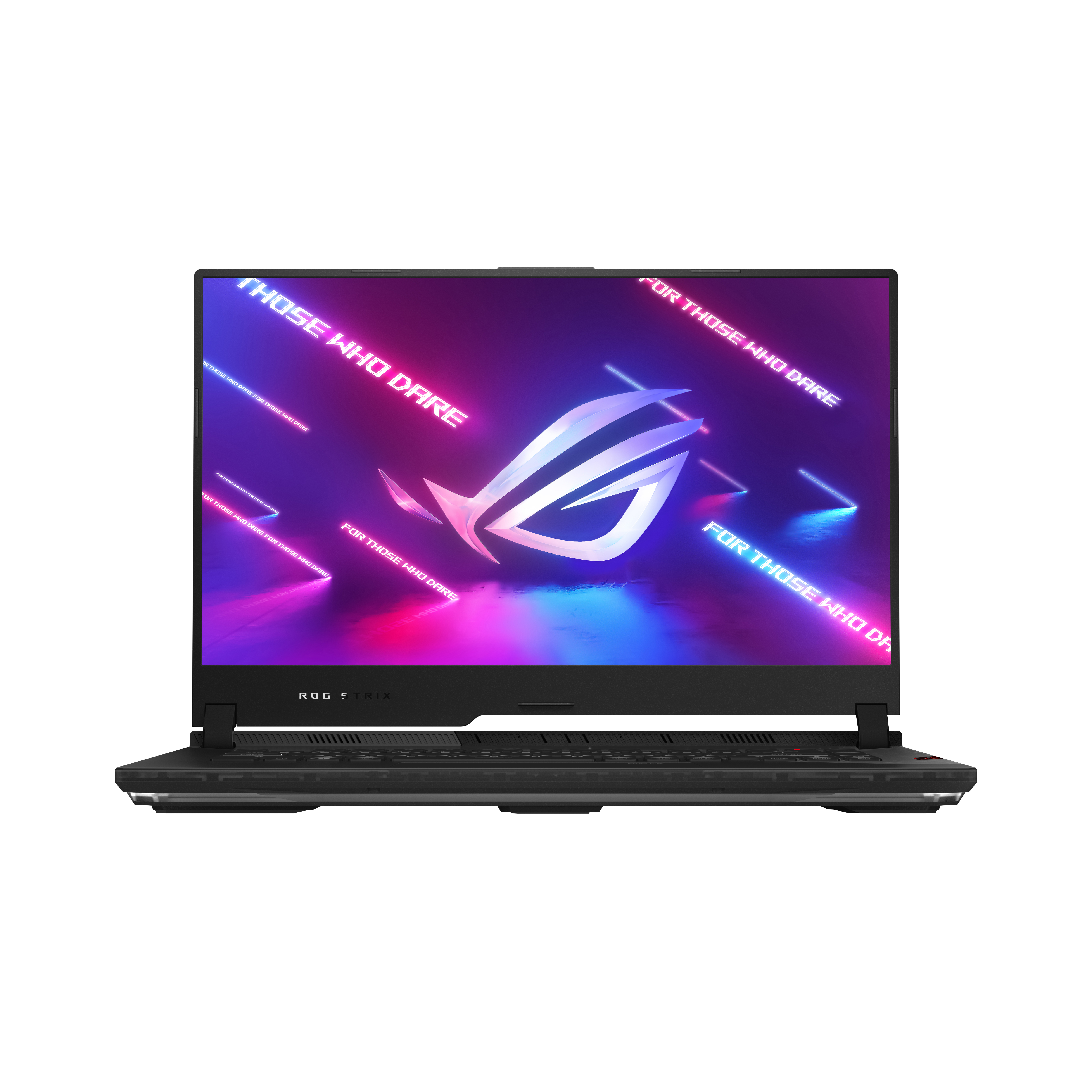 Un laptop nero con uno schermo che mostra grafiche colorate e il logo ROG.