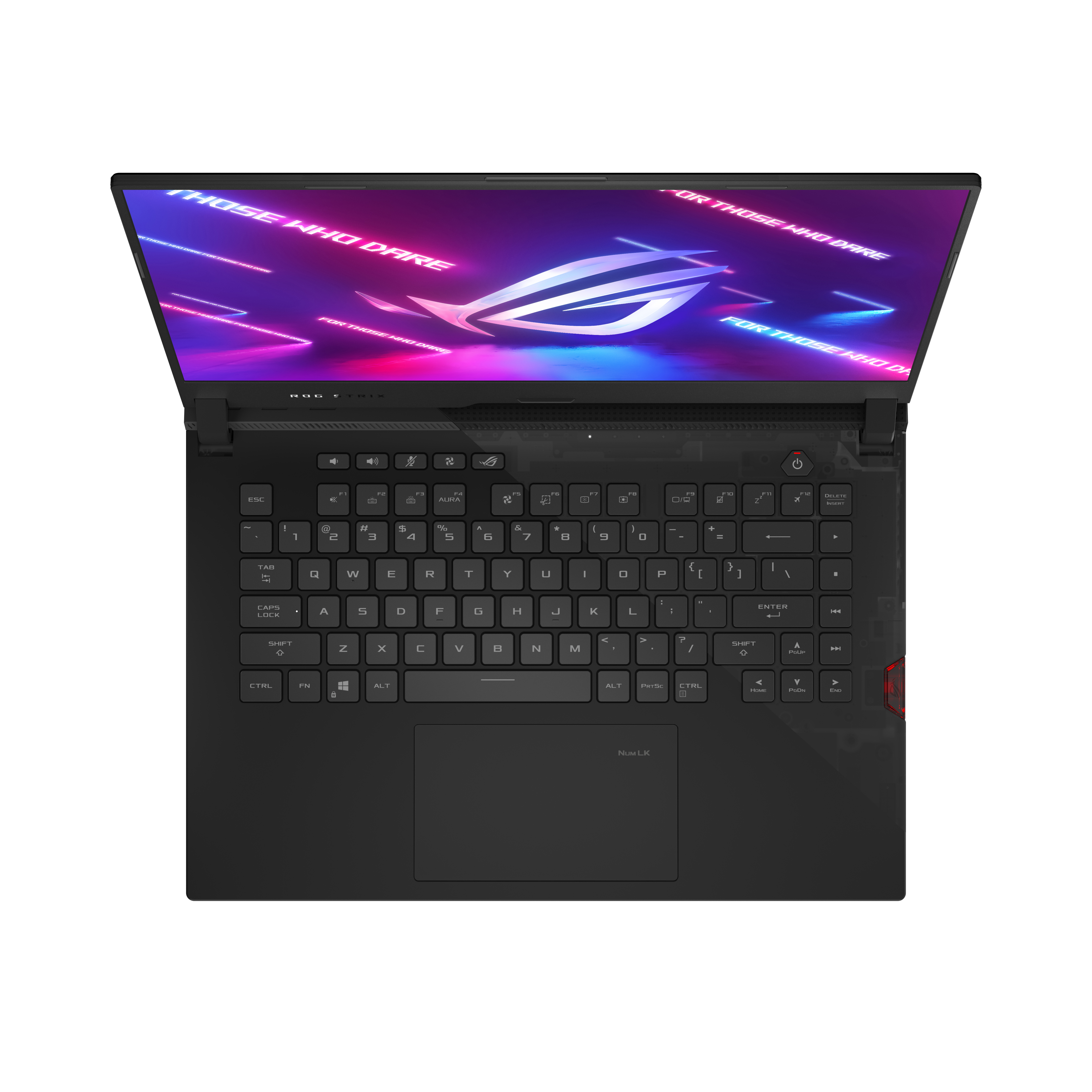 Laptop nero dall'alto, tastiera e schermo visibili, sfondo bianco.