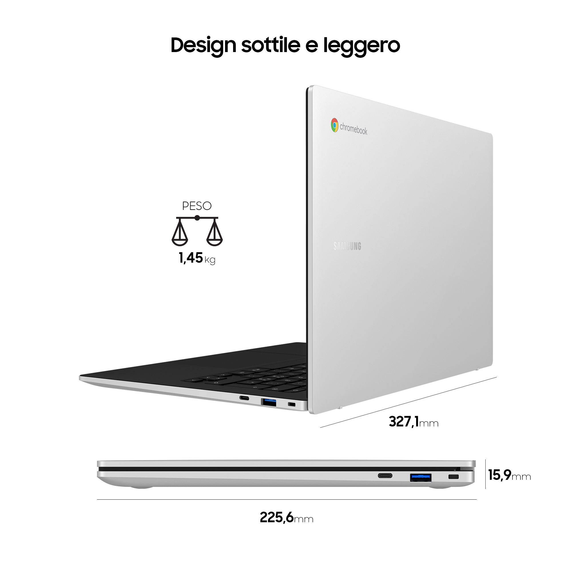 Silbernes Samsung Chromebook Laptop. Zeigt Abmessungen und Gewichtsangaben.