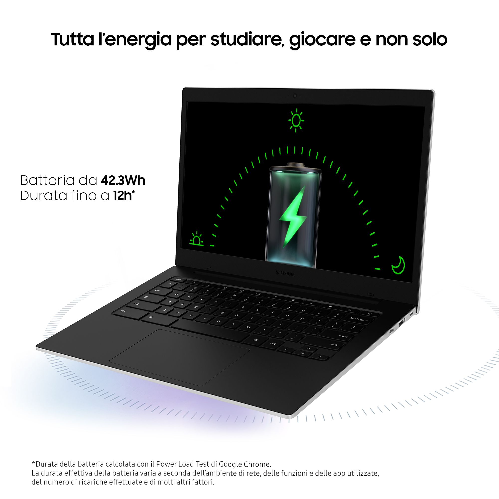 Laptop mit Batterieinfo auf dem Bildschirm. Grünes Batteriesymbol. Weißer Hintergrund. Text auf Italienisch.