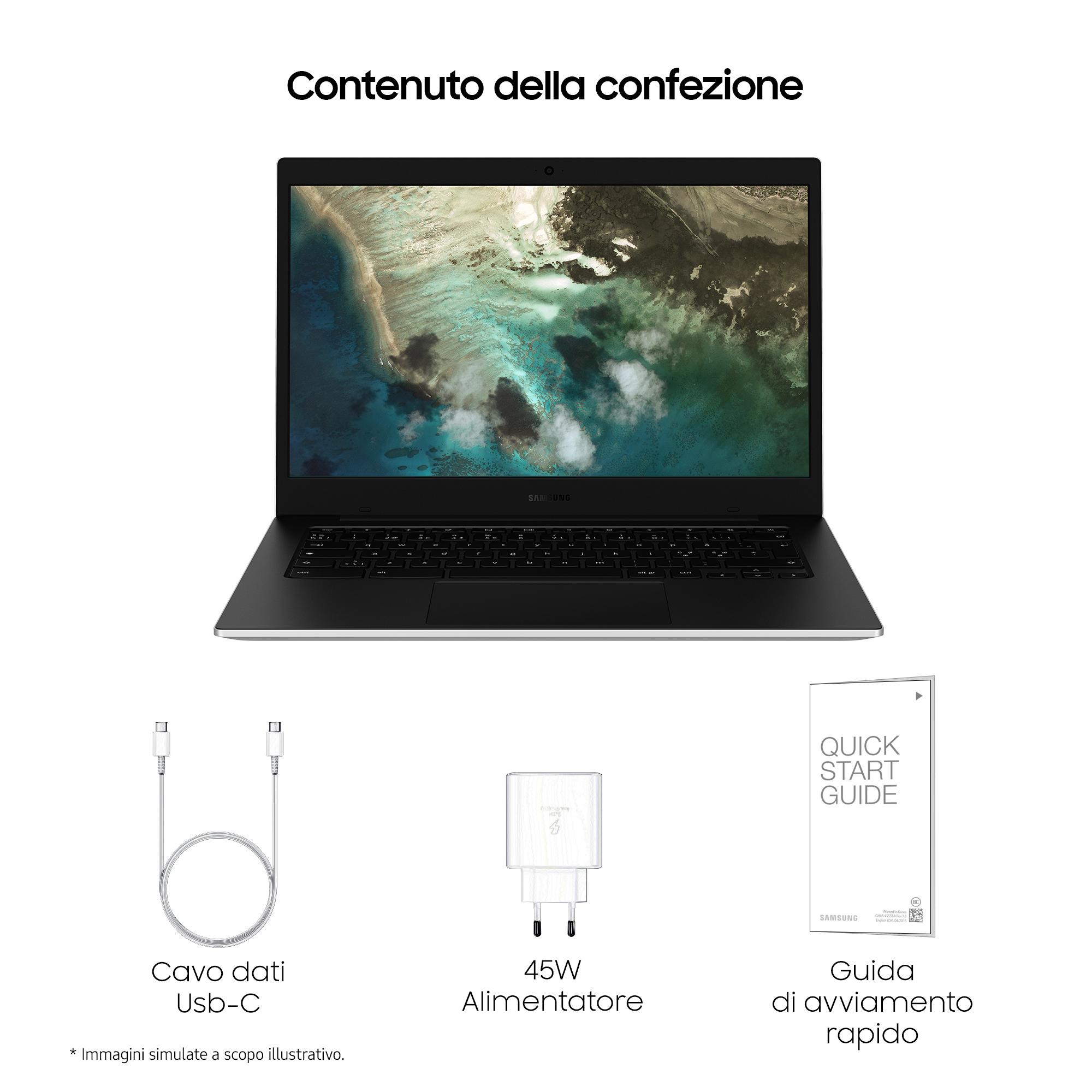 Laptop und Zubehör: USB-C-Kabel, Netzteil und Schnellstartanleitung, alles auf weißem Hintergrund.
