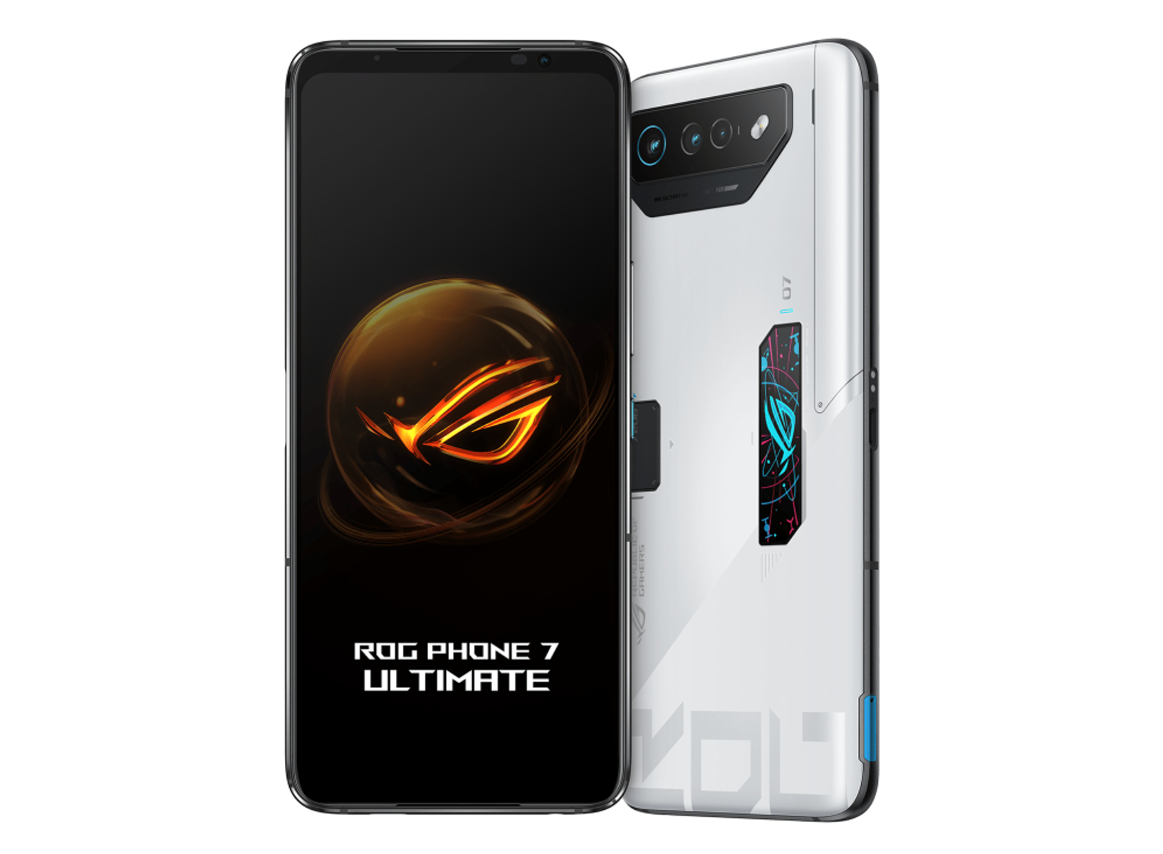 Weißes und schwarzes ROG Phone 7 Ultimate, Bildschirm mit Logo, Rückseite mit Design, weißer Hintergrund.