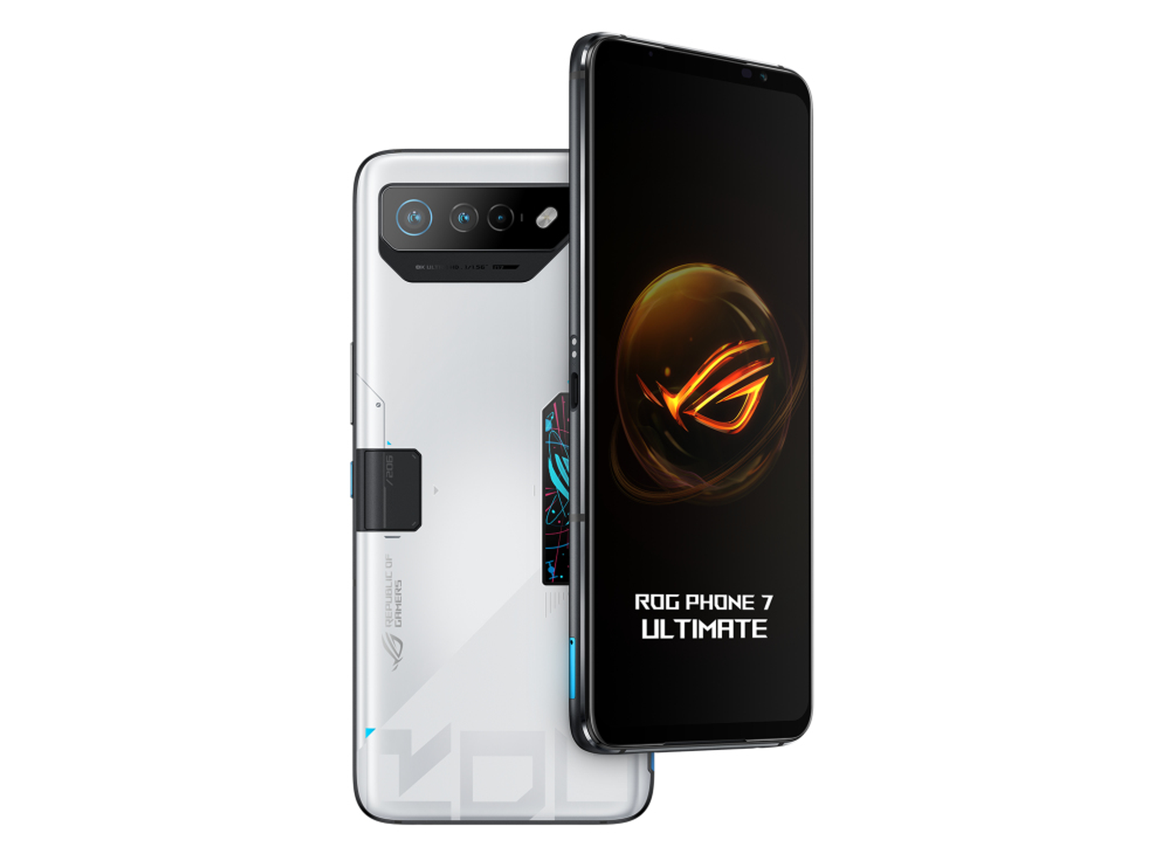 Zwei weiße ROG Phone 7 Ultimate Smartphones, eins zeigt die Rückseite, das andere den Bildschirm.