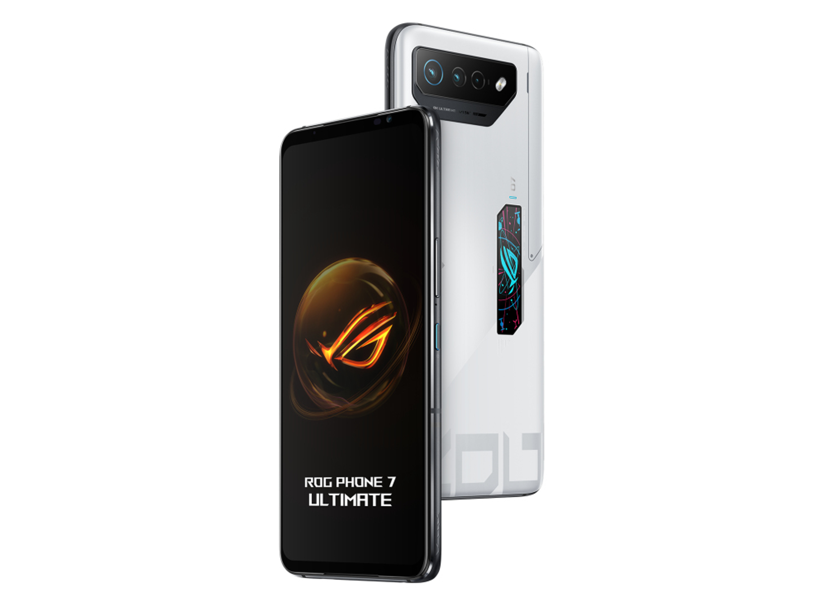 Zwei weiße Smartphones, eines mit ROG-Logo, das andere mit Rückseite.
