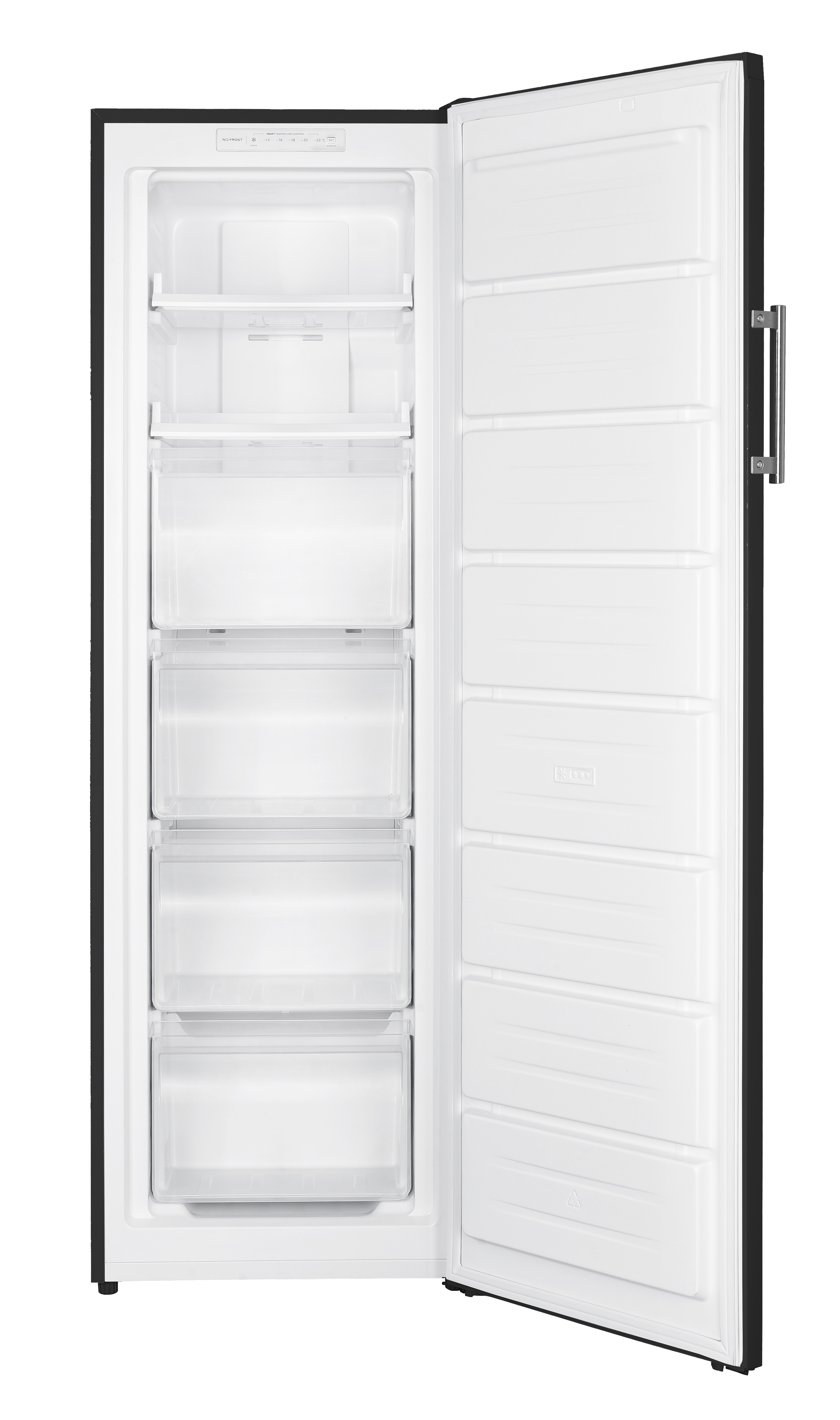An open, white freezer with several drawers and shelves, revealing contents. Black background.