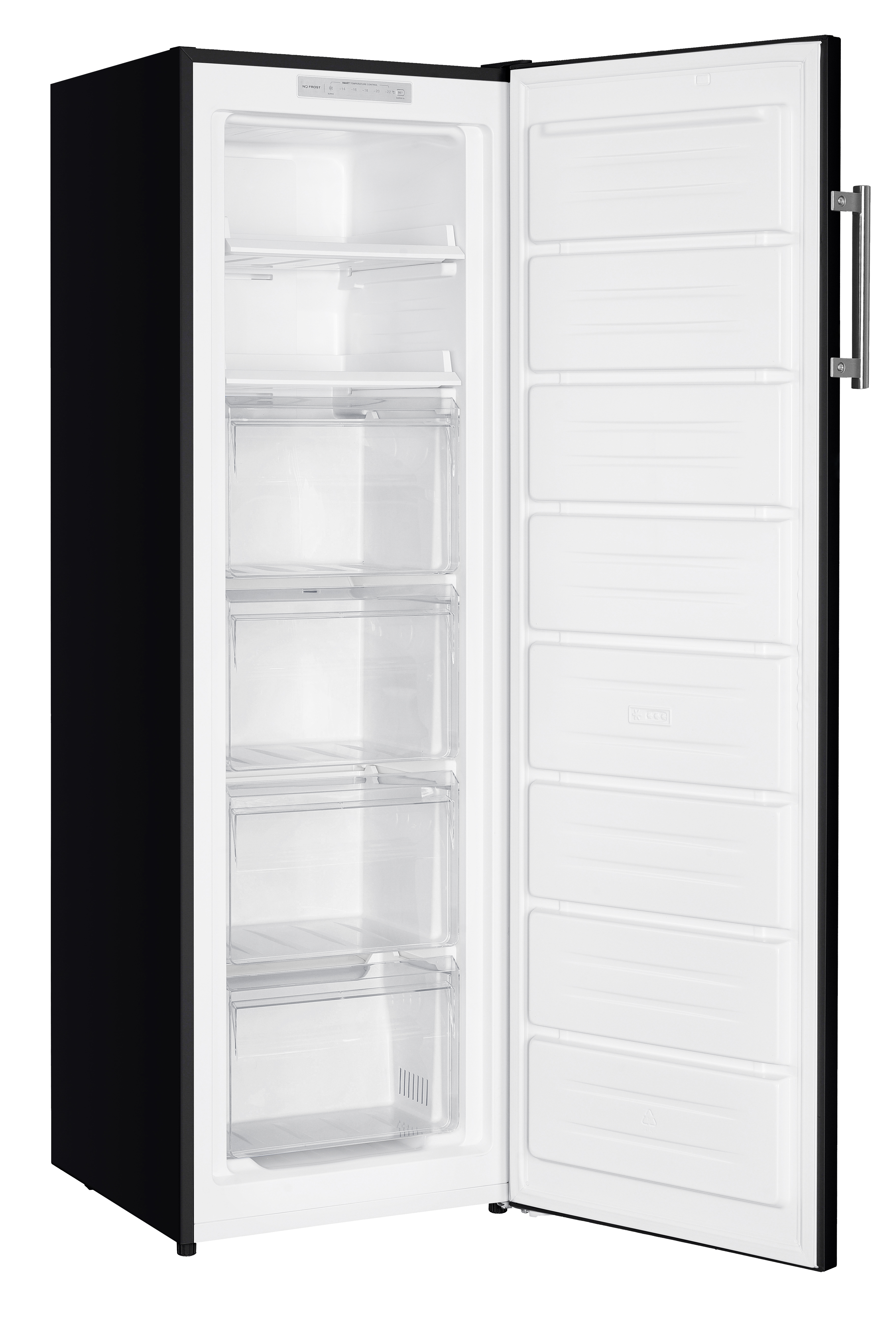 Black refrigerator with open door. Inside are shelves and drawers. The door has a handle.