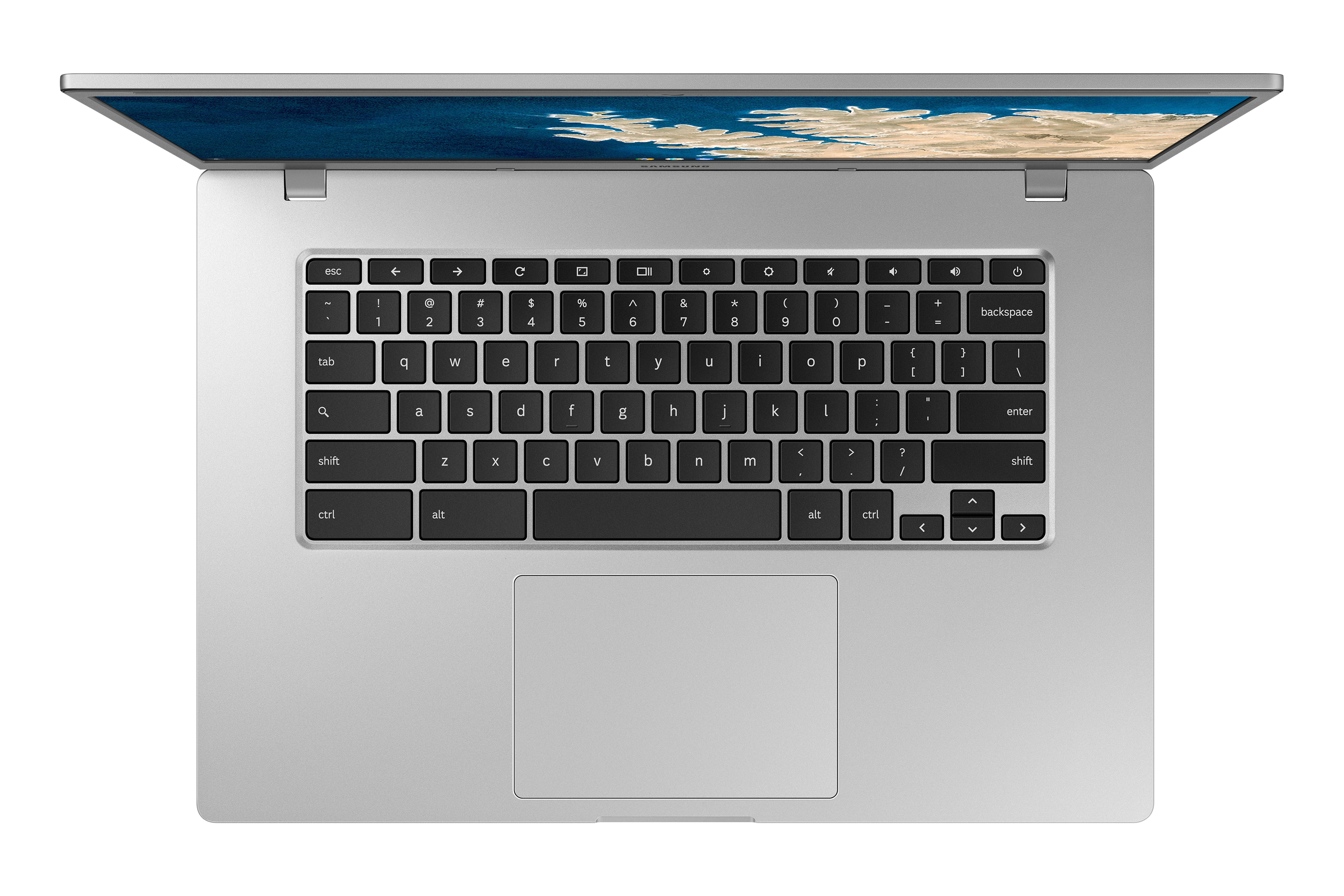 Laptop, vista dall'alto, corpo argentato, tastiera e schermo neri. Sfondo bianco.