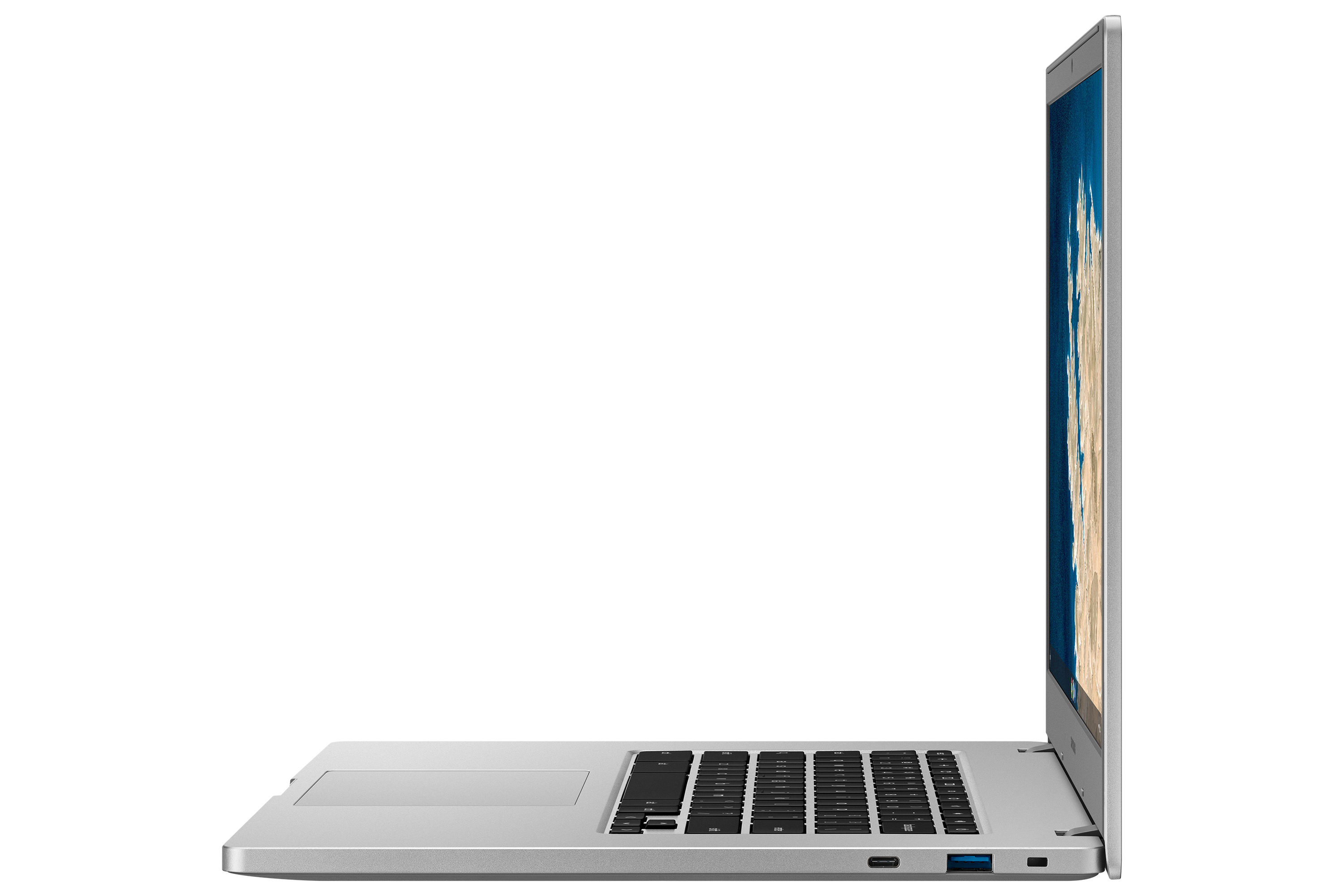 Una vista laterale di un laptop argentato con tastiera nera e schermo luminoso.