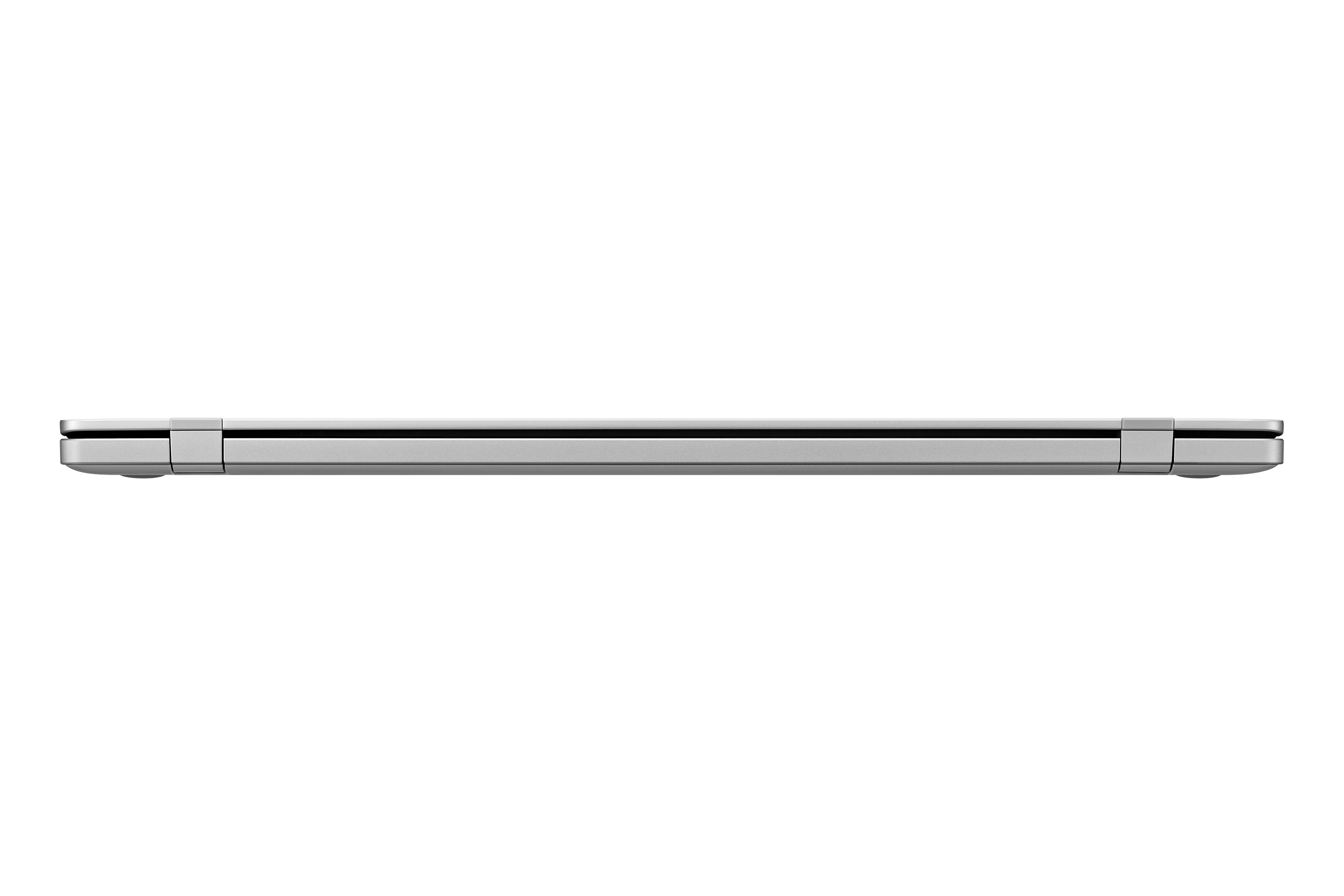 Laptop argento, chiuso, visto frontalmente. Design elegante e minimalista.