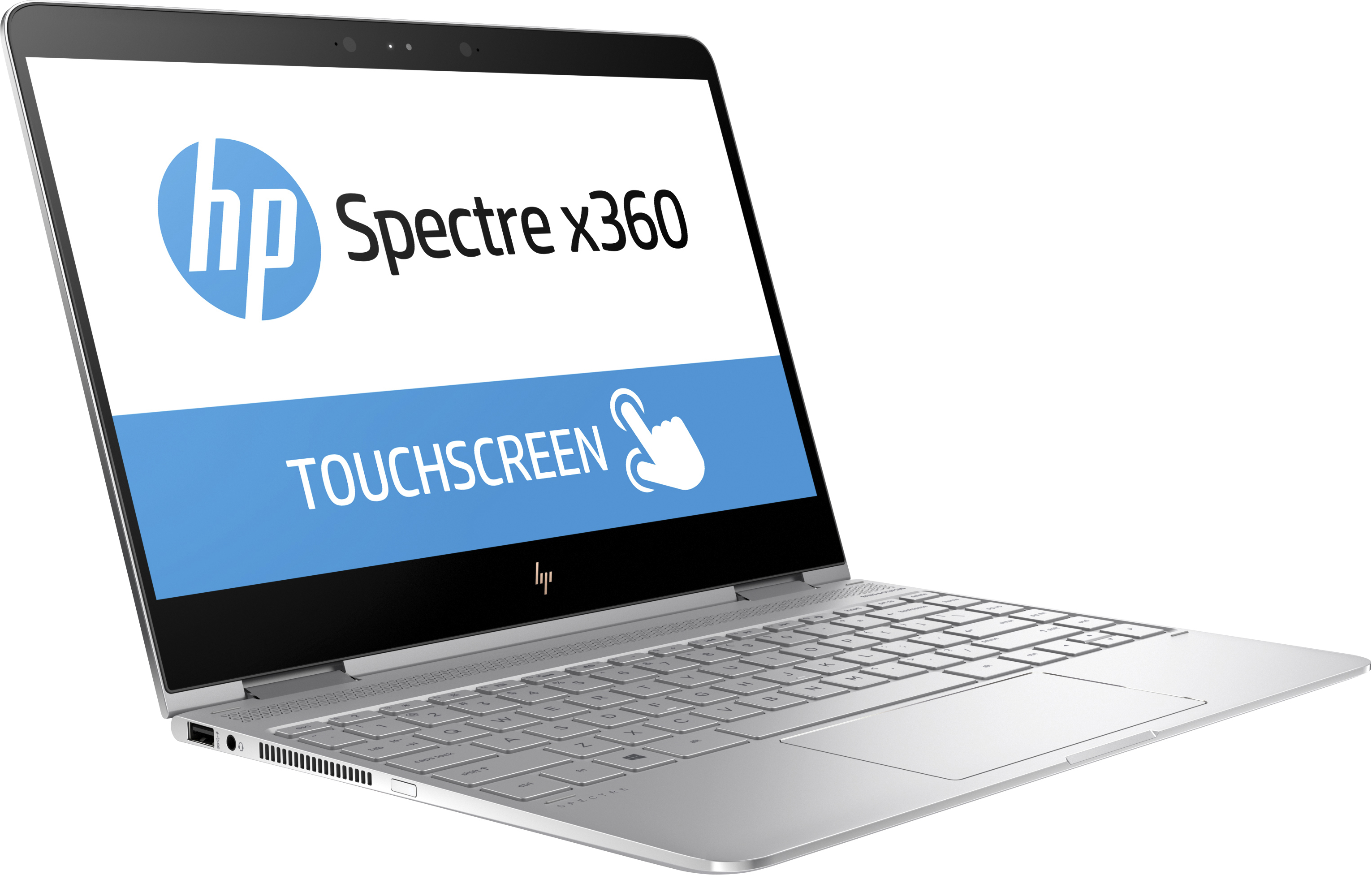 Un laptop argentato con lo schermo che mostra 'Spectre x360 TOUCHSCREEN' e un'icona a forma di mano.