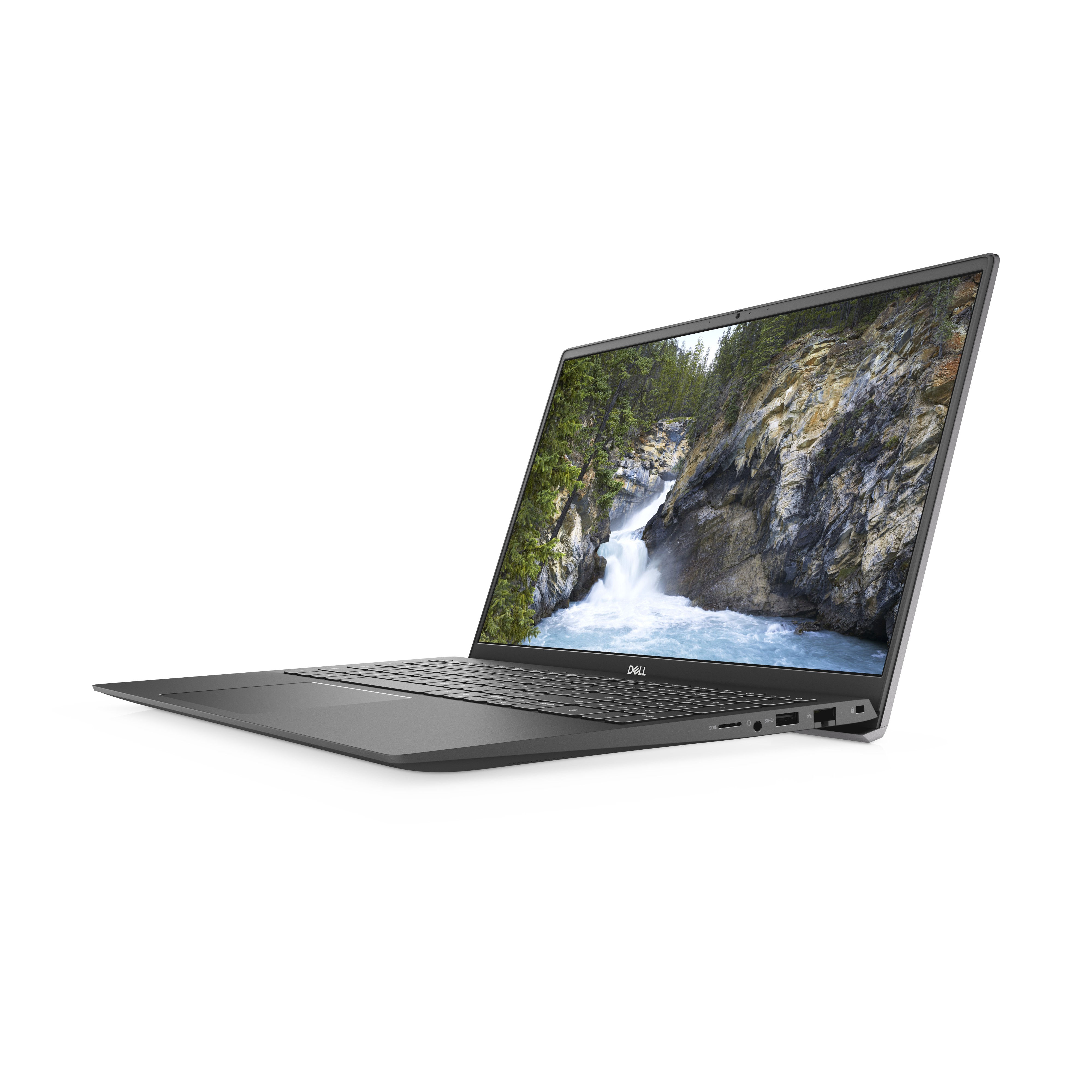 Laptop Dell su sfondo bianco. Lo schermo mostra una cascata. Vista angolata.