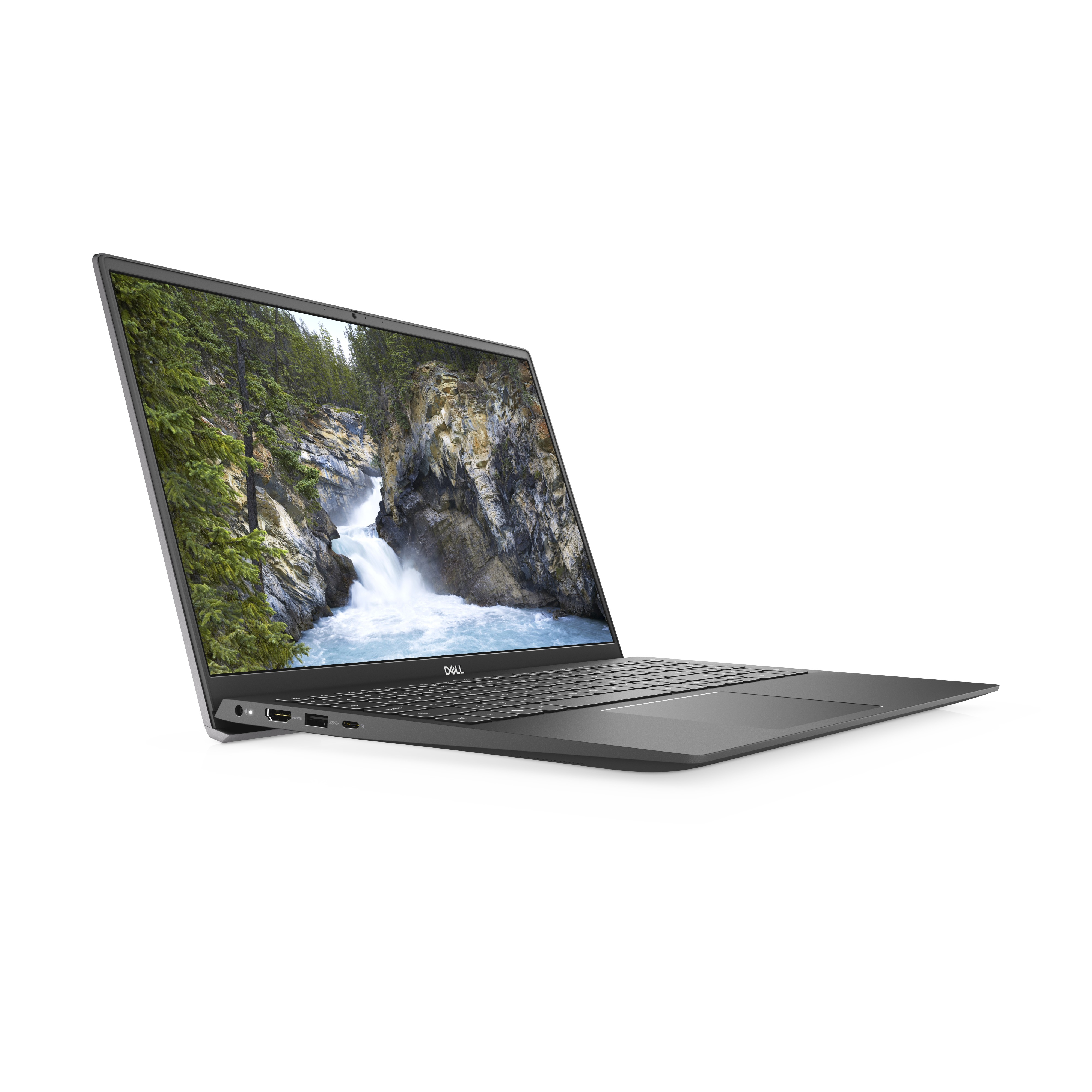 Laptop grigio aperto, angolato a sinistra. Mostra una vista panoramica della cascata sullo schermo.