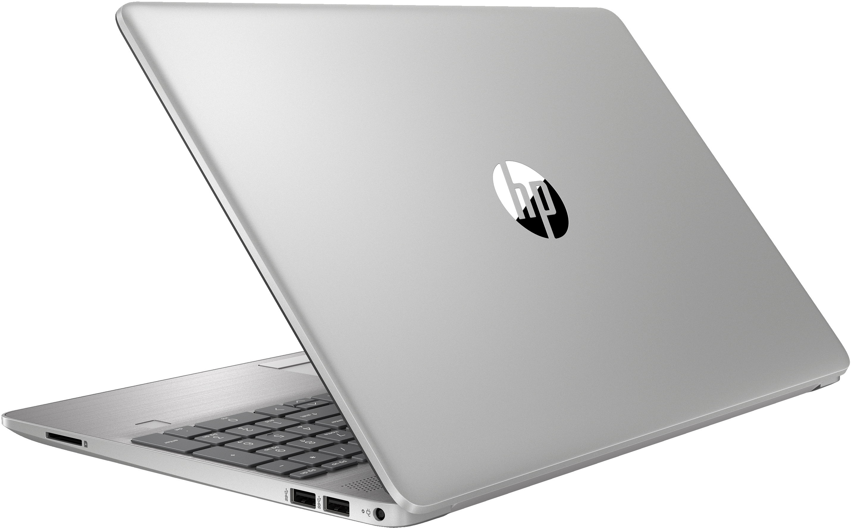 Srebrny laptop HP, lekko otwarty, pokazujący klawiaturę i ekran. Widoczne logo HP.