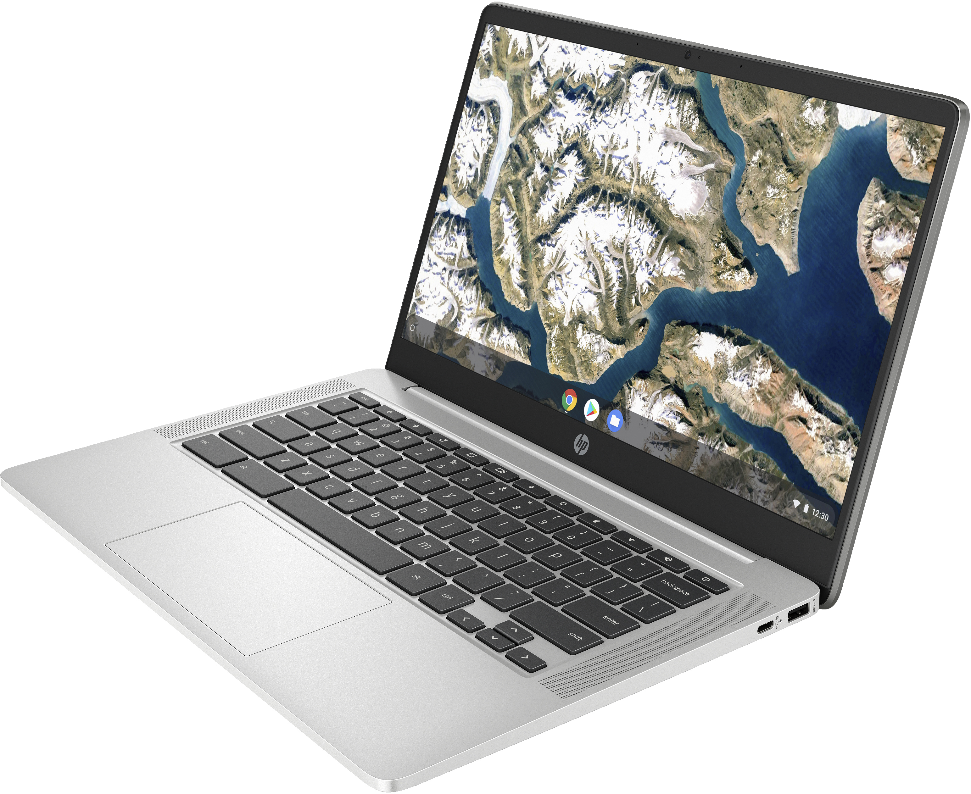 Laptop argentato con tastiera nera e schermo che mostra una mappa.