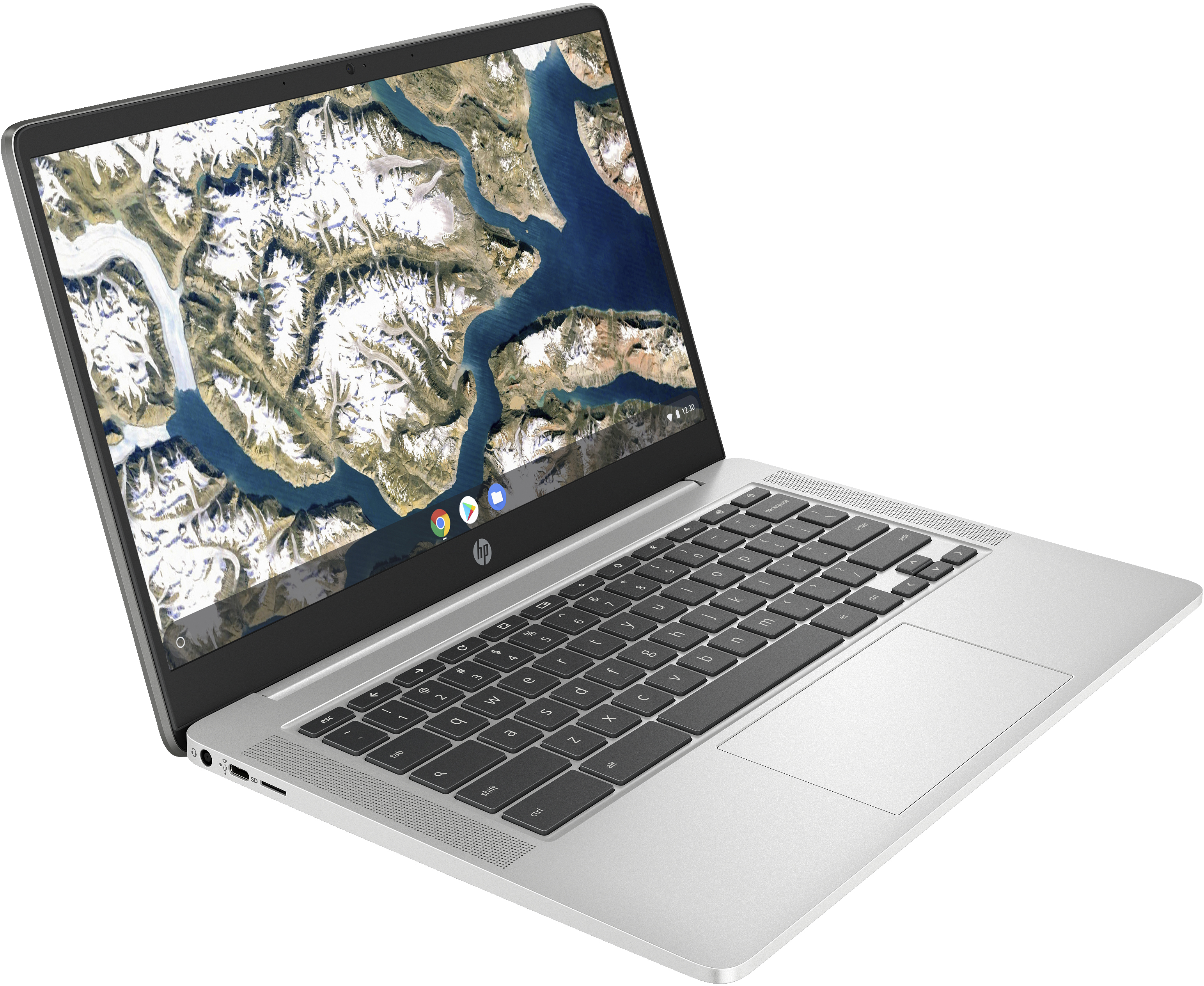 Laptop aperto, mostra schermo mappa. Colore argento, tastiera nera. Logo Chrome OS.