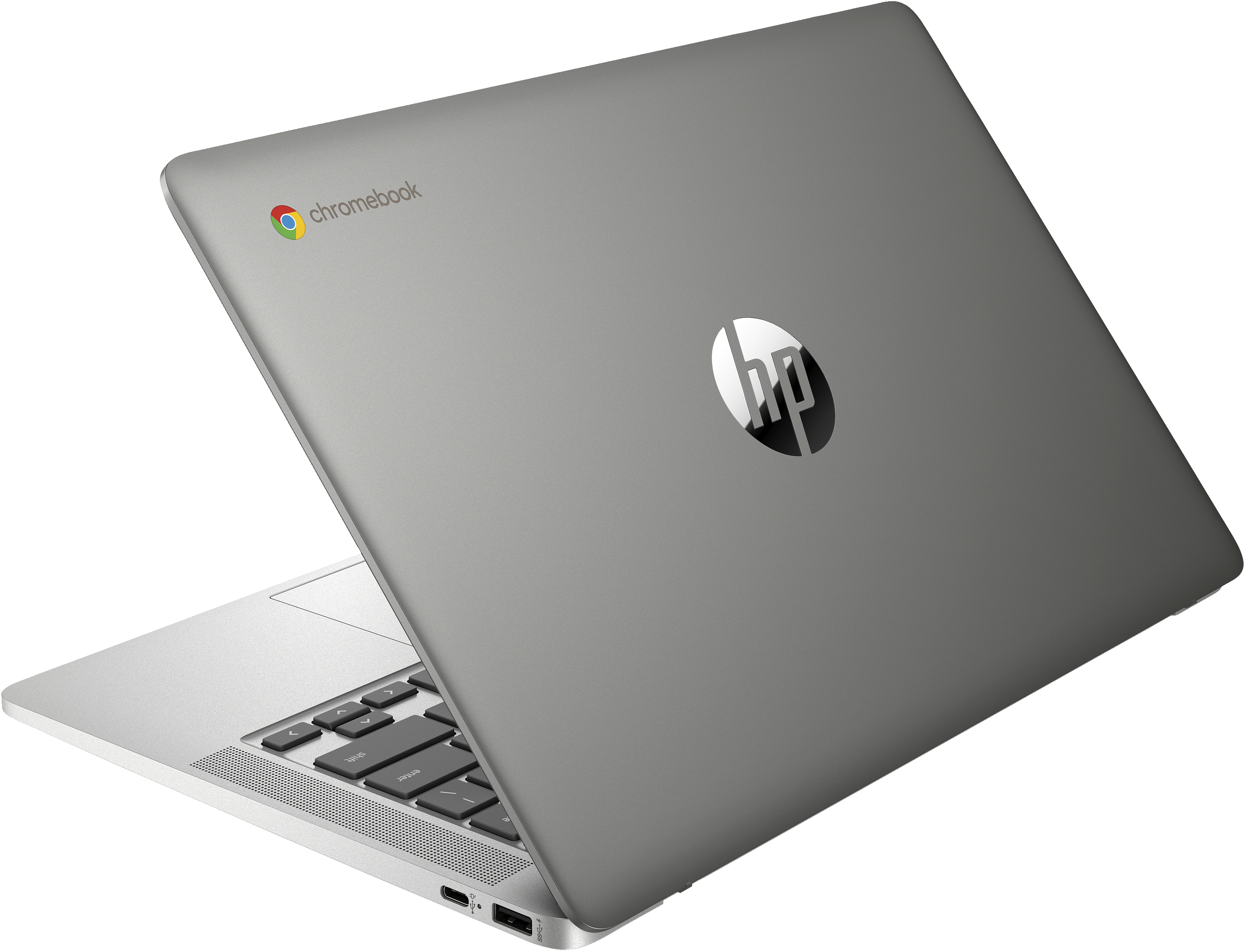 Laptop grigio con coperchio aperto. Il logo HP è visibile sul coperchio e il logo Chromebook.