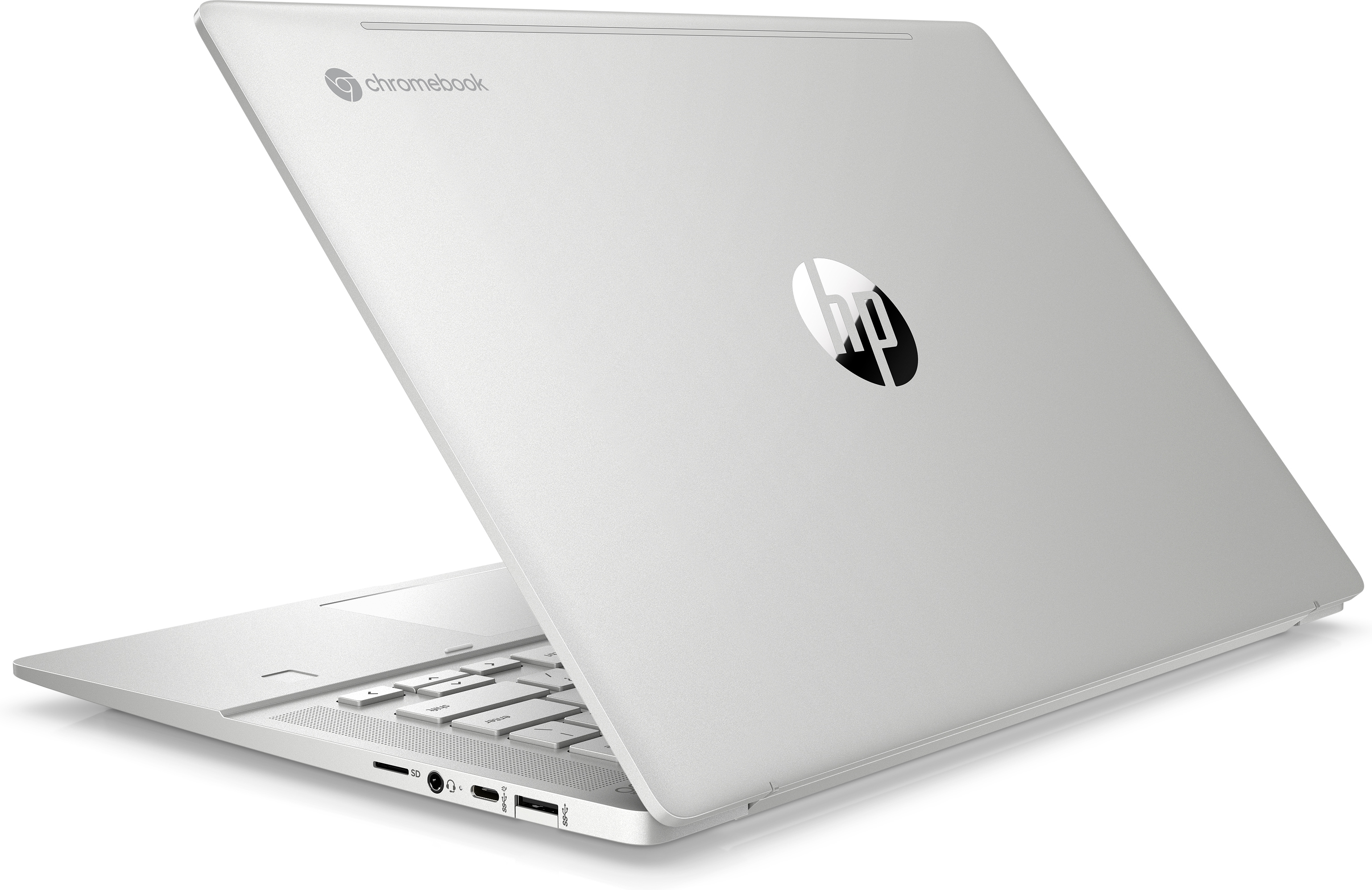 Silver Chromebook laptop, back view, partially open showing the keyboard and the HP logo.