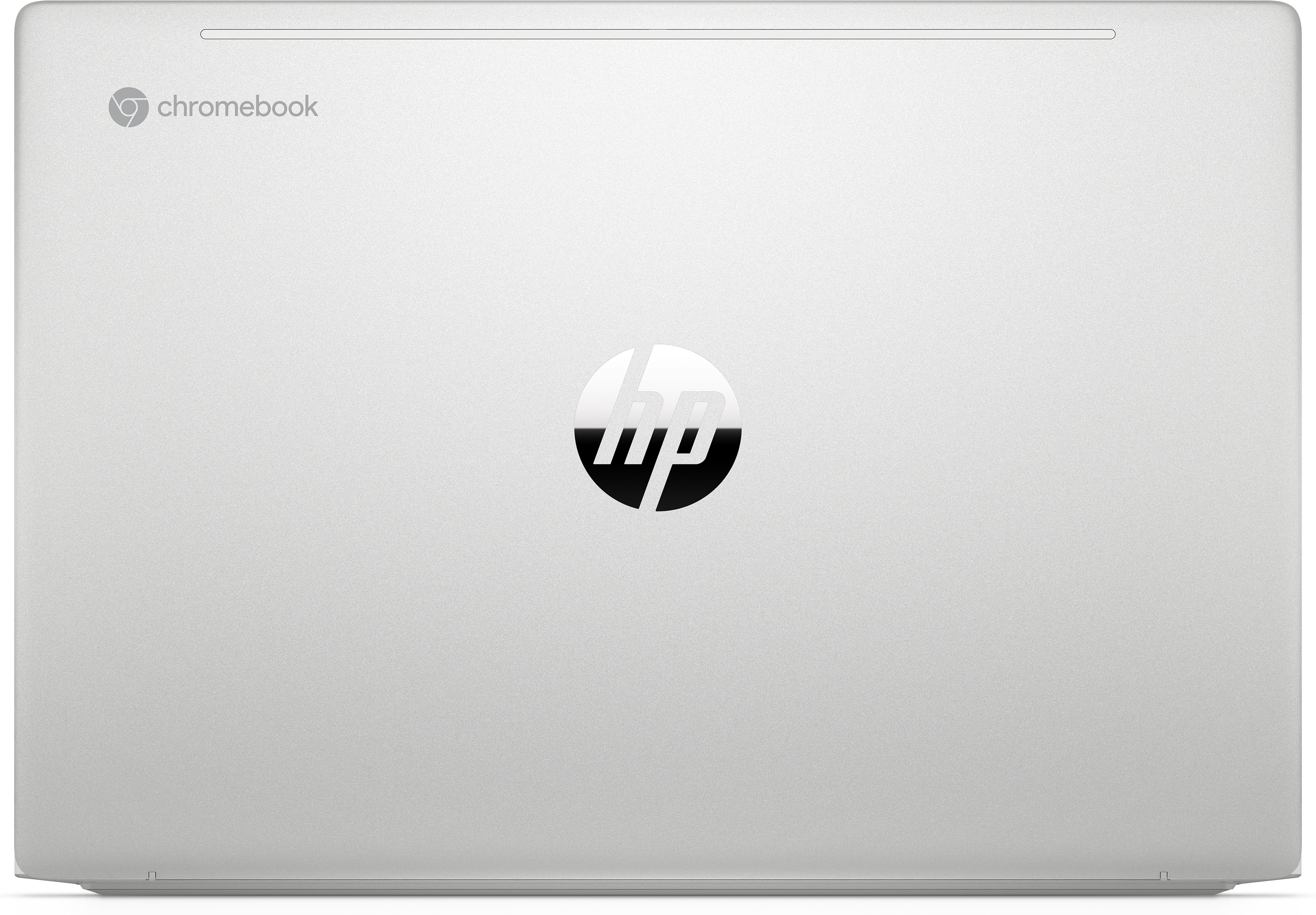 Silver laptop closed, with the HP logo and Chromebook text on the cover, against white background.