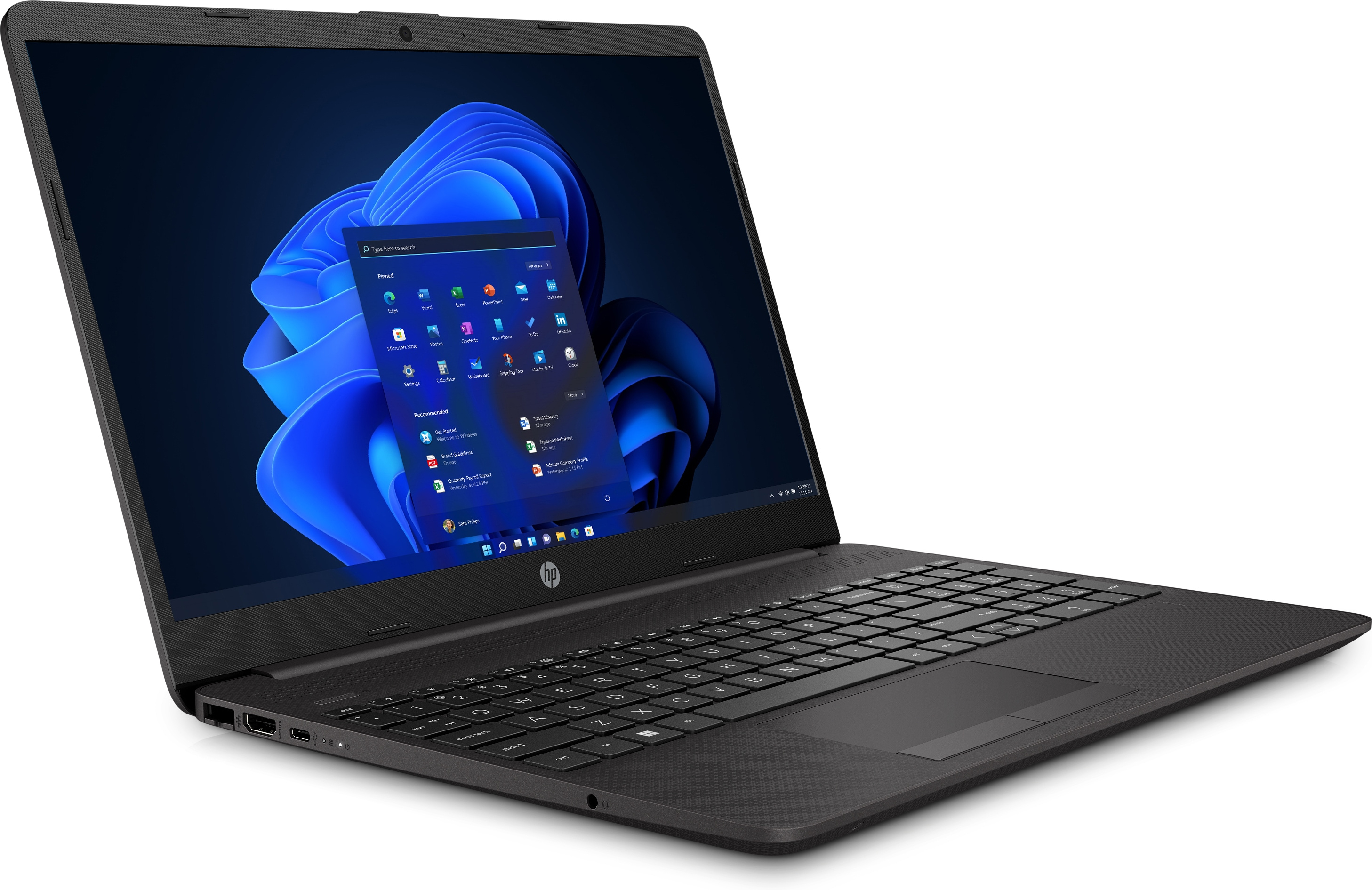 Un laptop nero su una superficie bianca. Lo schermo del laptop mostra un'interfaccia Windows.