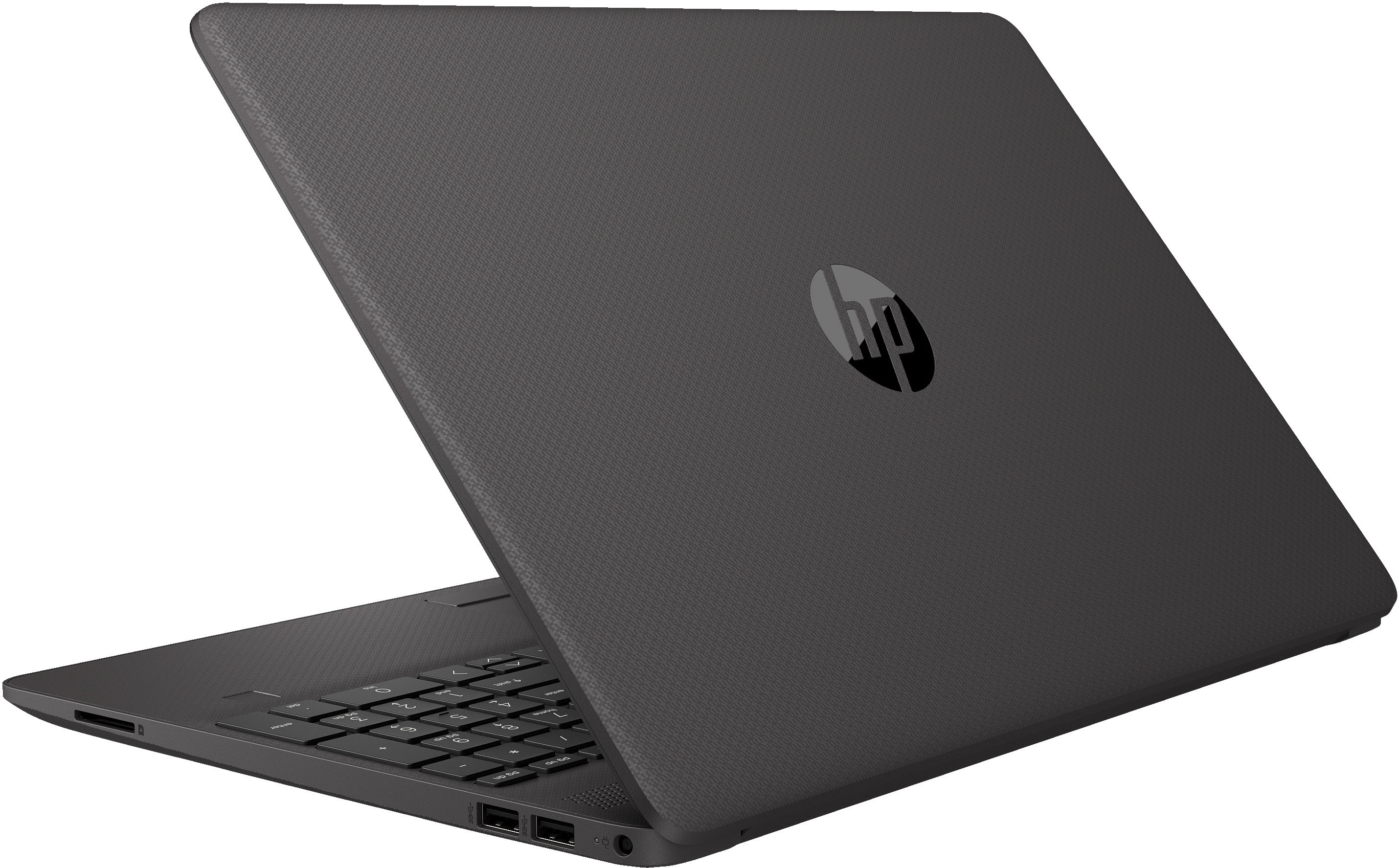 Laptop HP nero, che mostra la tastiera, con il logo HP visibile.