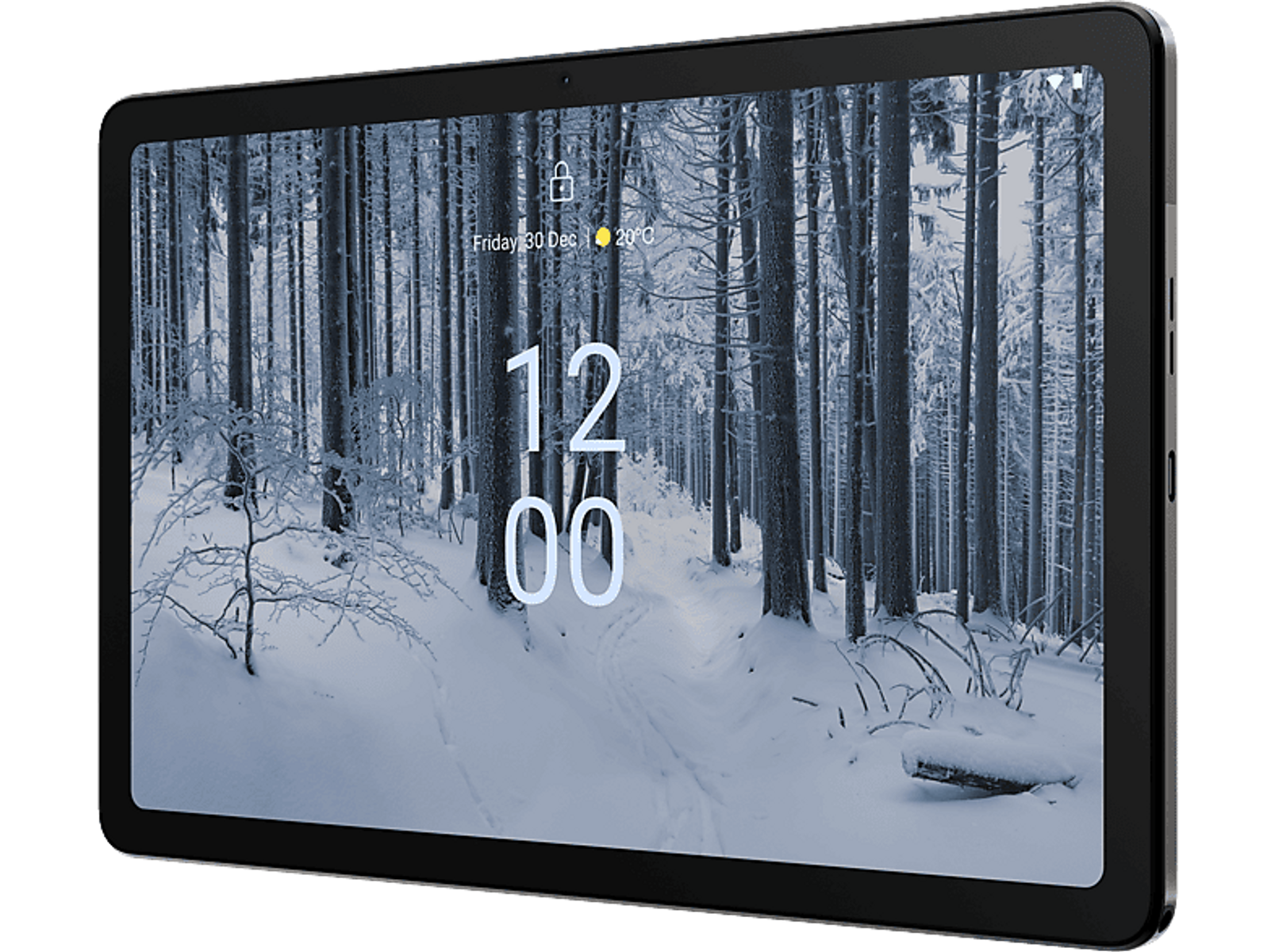 Tablet zeigt eine schneebedeckte Waldszene mit Zeitangabe.