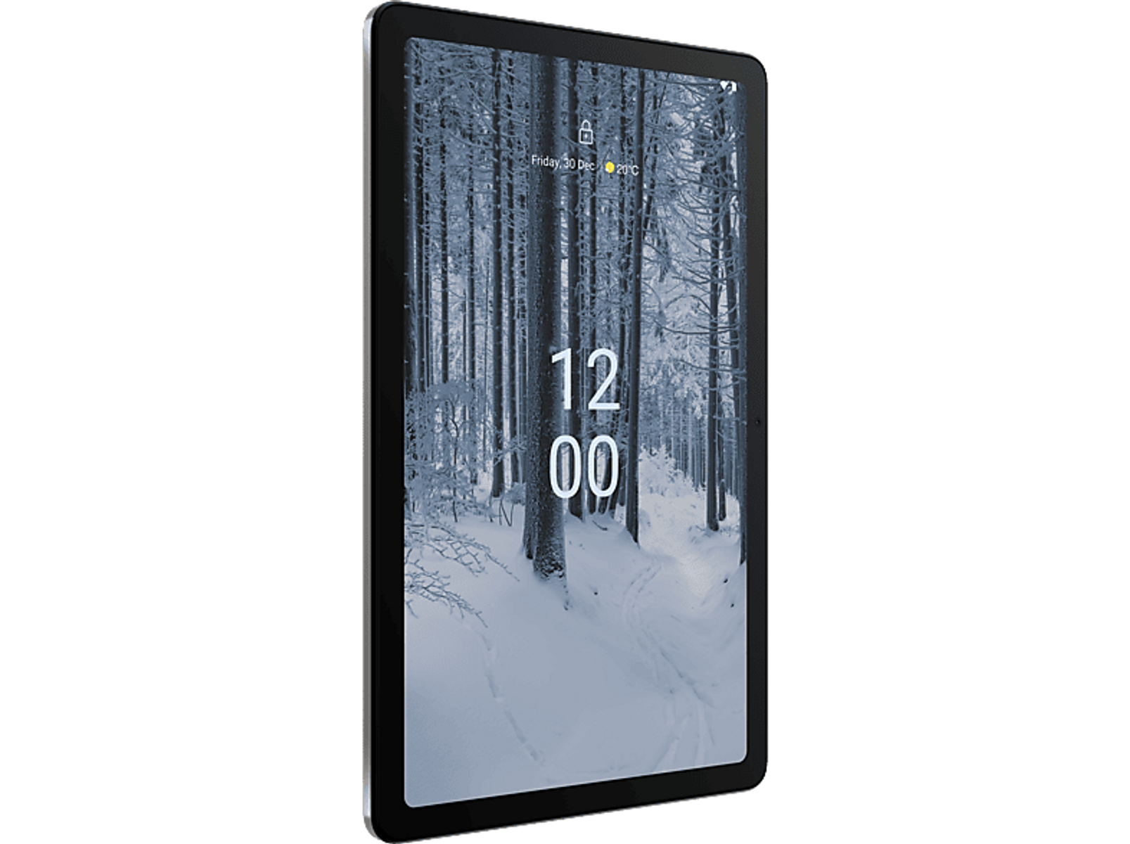 Tablet mit einem Bildschirm, der eine verschneite Waldszene zeigt. Schwarze Ränder und Hintergrund.