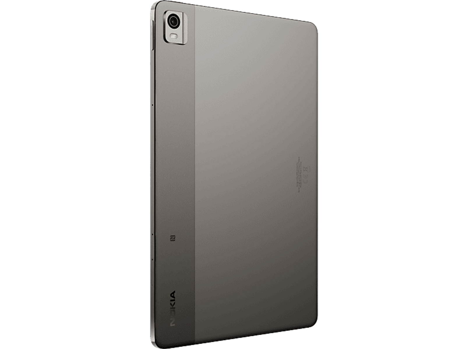 Nokia Tablet, graue Farbe, zeigt die Rückseite des Geräts vor schwarzem Hintergrund.