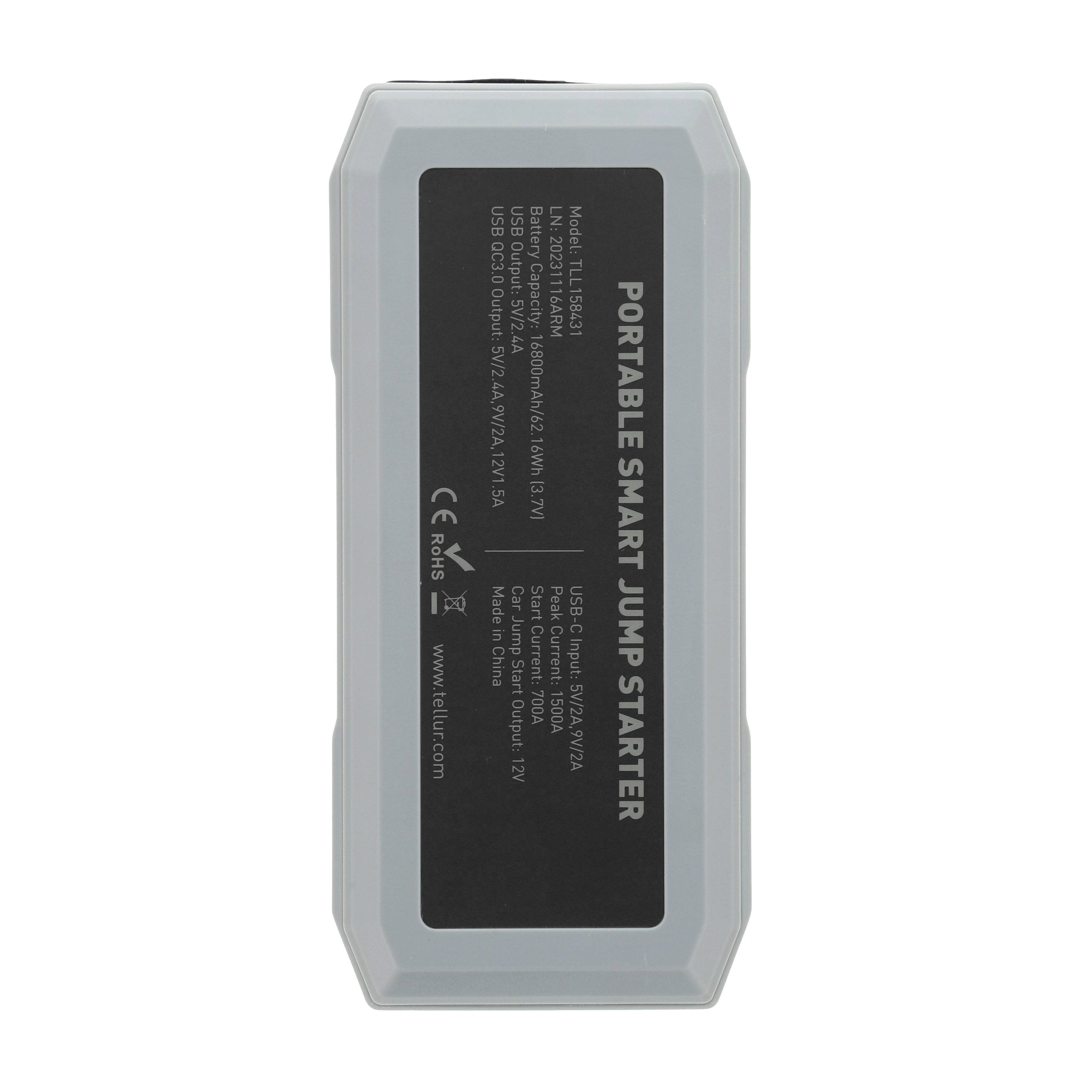 Przenośny inteligentny rozrusznik, szary. Tekst na urządzeniu ze specyfikacjami i marką.