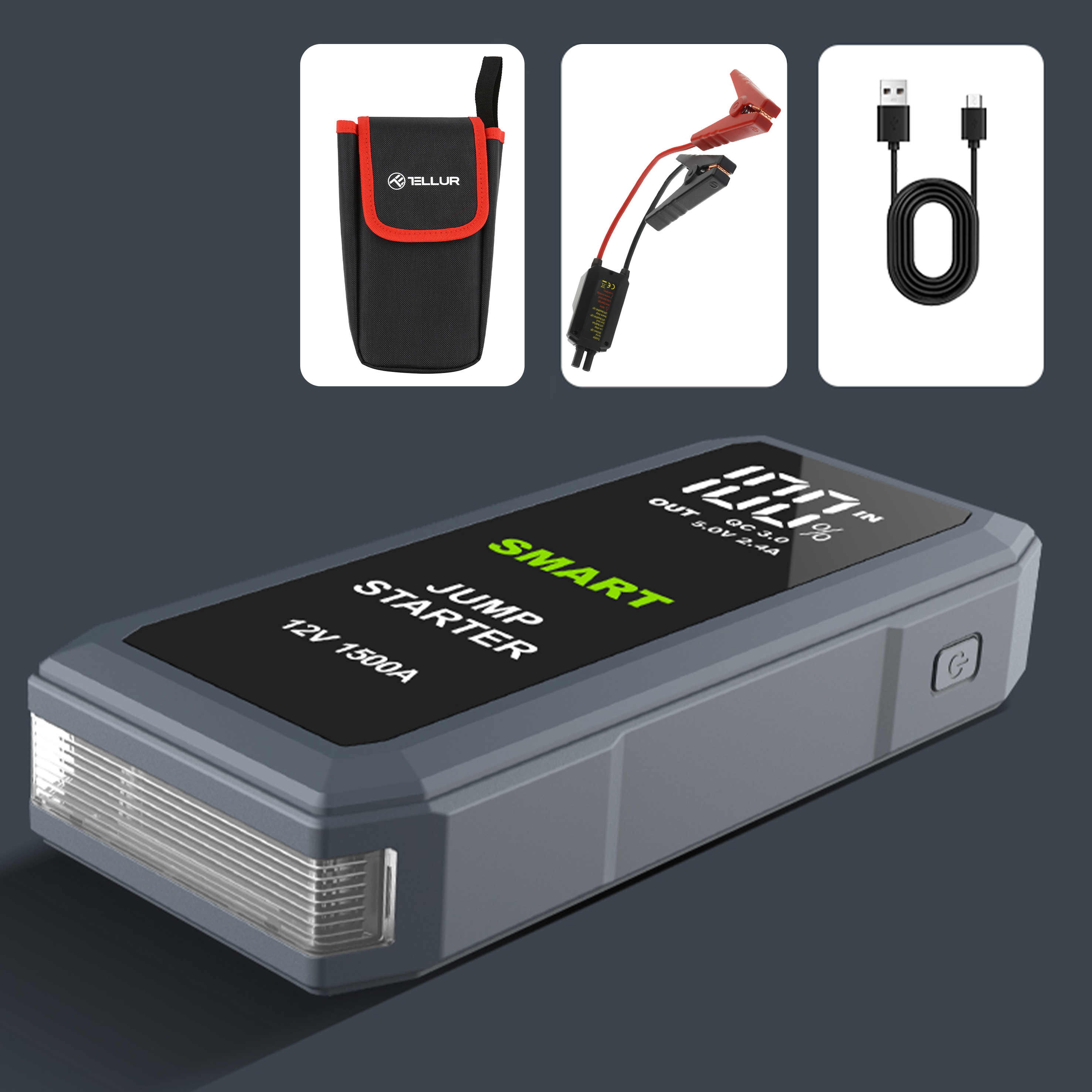 Zestaw rozruchowy z akcesoriami: torba, kable rozruchowe i kabel USB.