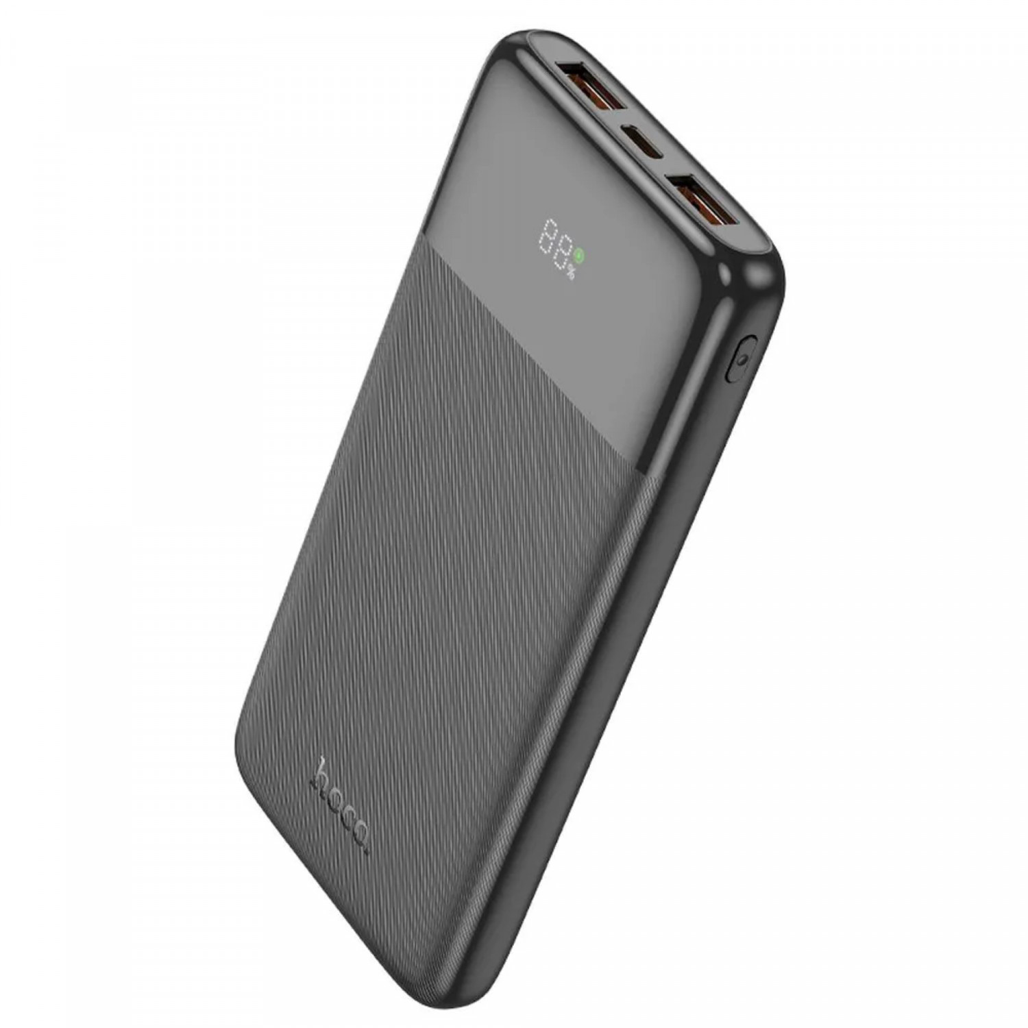 Schwarze Powerbank mit 88 % Anzeige und zwei USB-Anschlüssen.