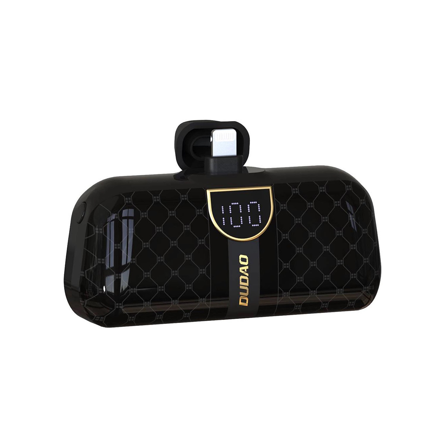 Czarny i złoty power bank z portem ładowania. Wyświetla 100 na ekranie.