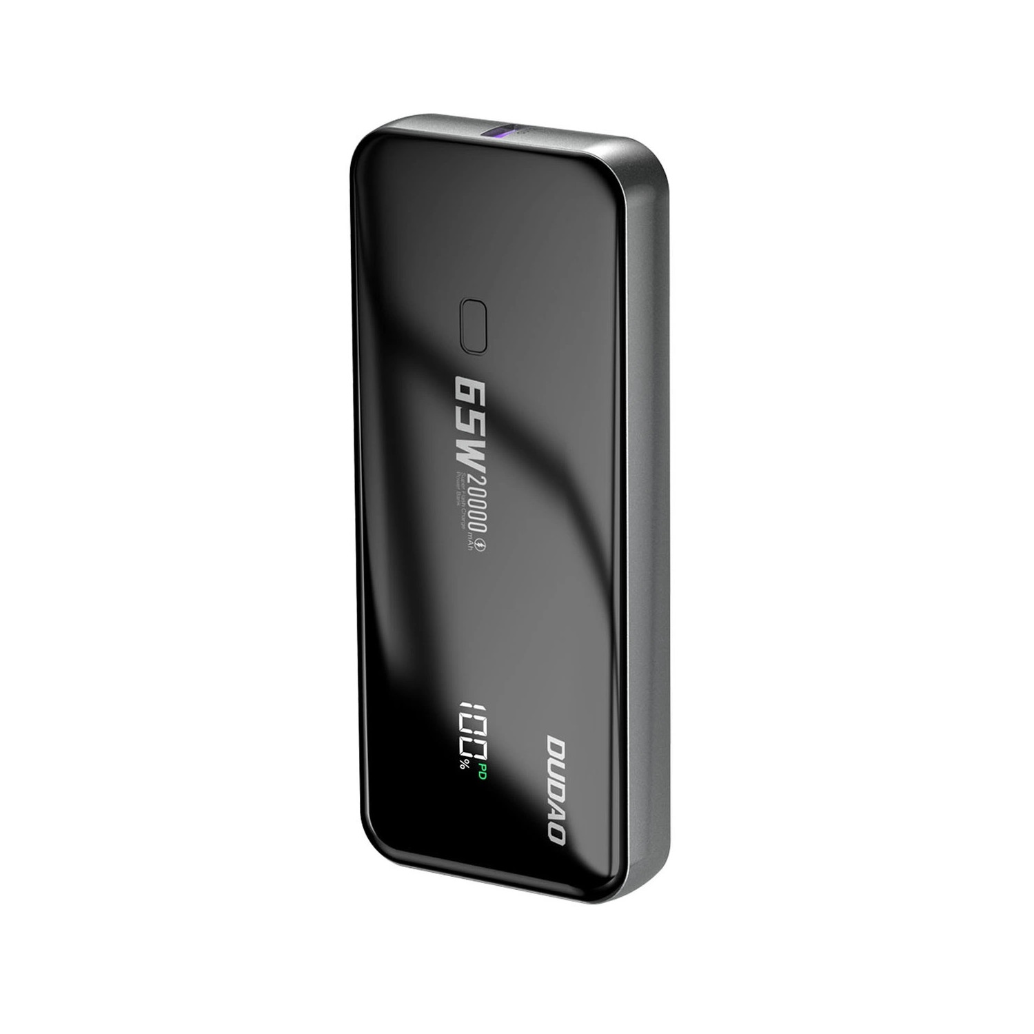Power bank nero con il testo: 65W 20000mAh, Dudao. Sfondo bianco.