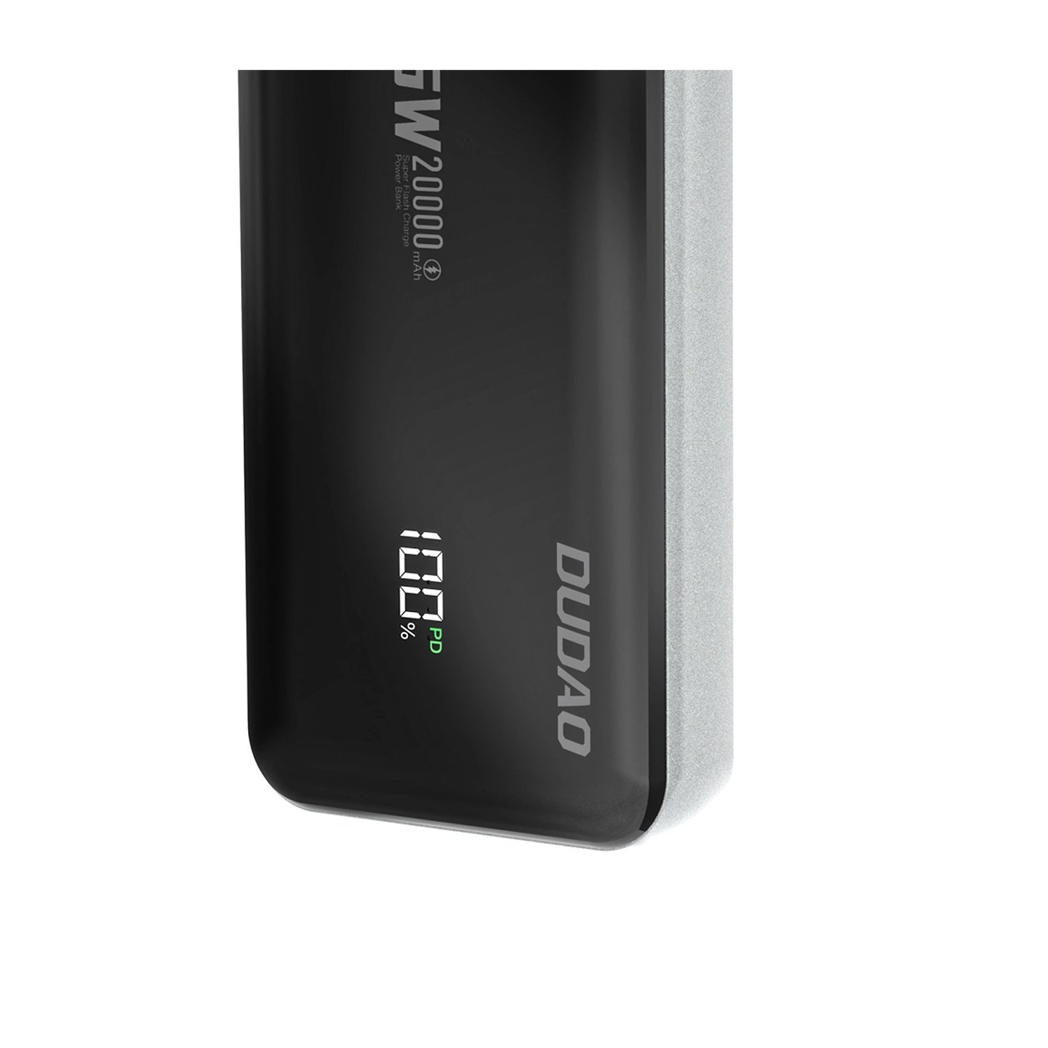 Power bank nera con display digitale che mostra 100% e il marchio DUDO, sfondo bianco.