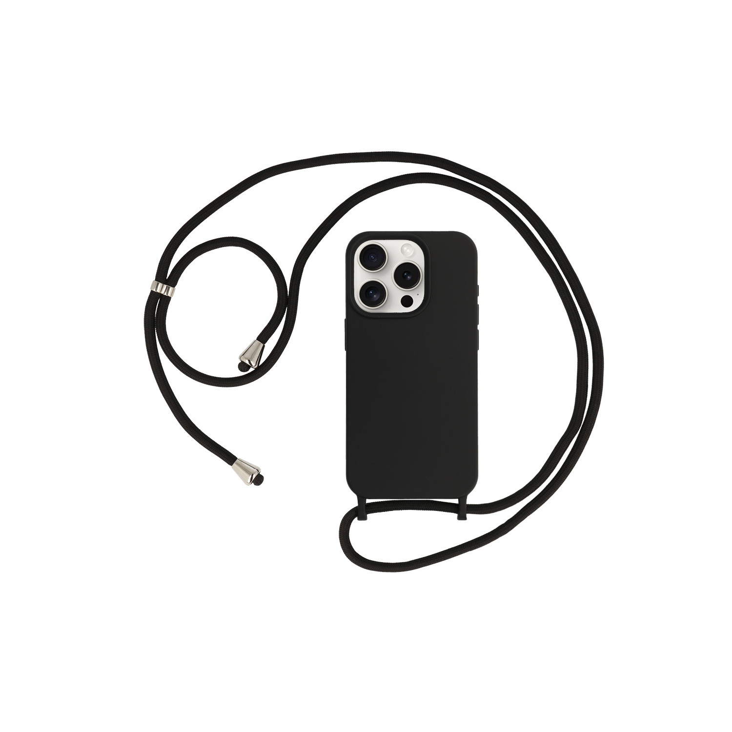 Custodia nera per telefono con cordino nero. Sfondo bianco.
