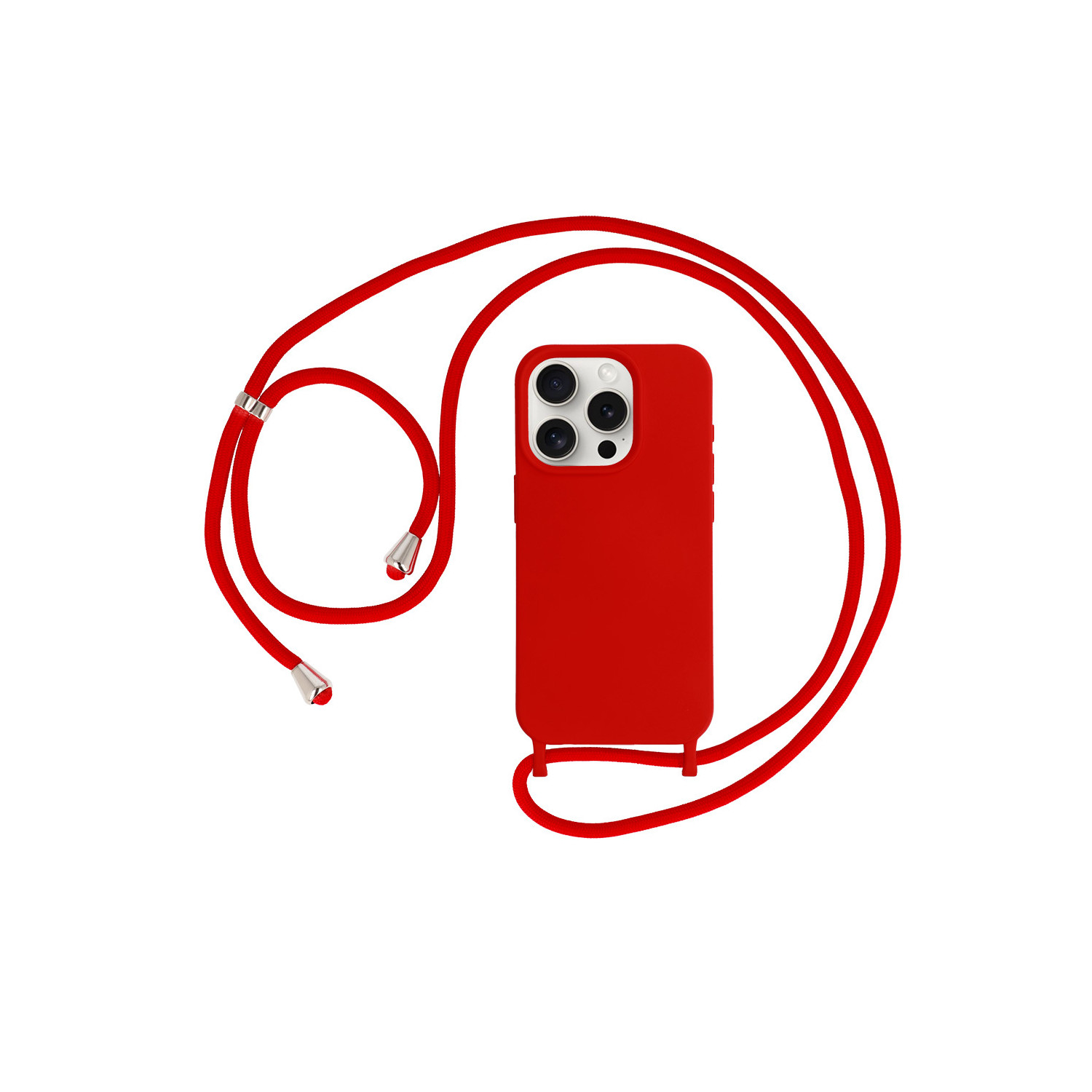 Custodia per telefono rossa con un cordino rosso. La custodia ha un ritaglio per la fotocamera e una superficie liscia.